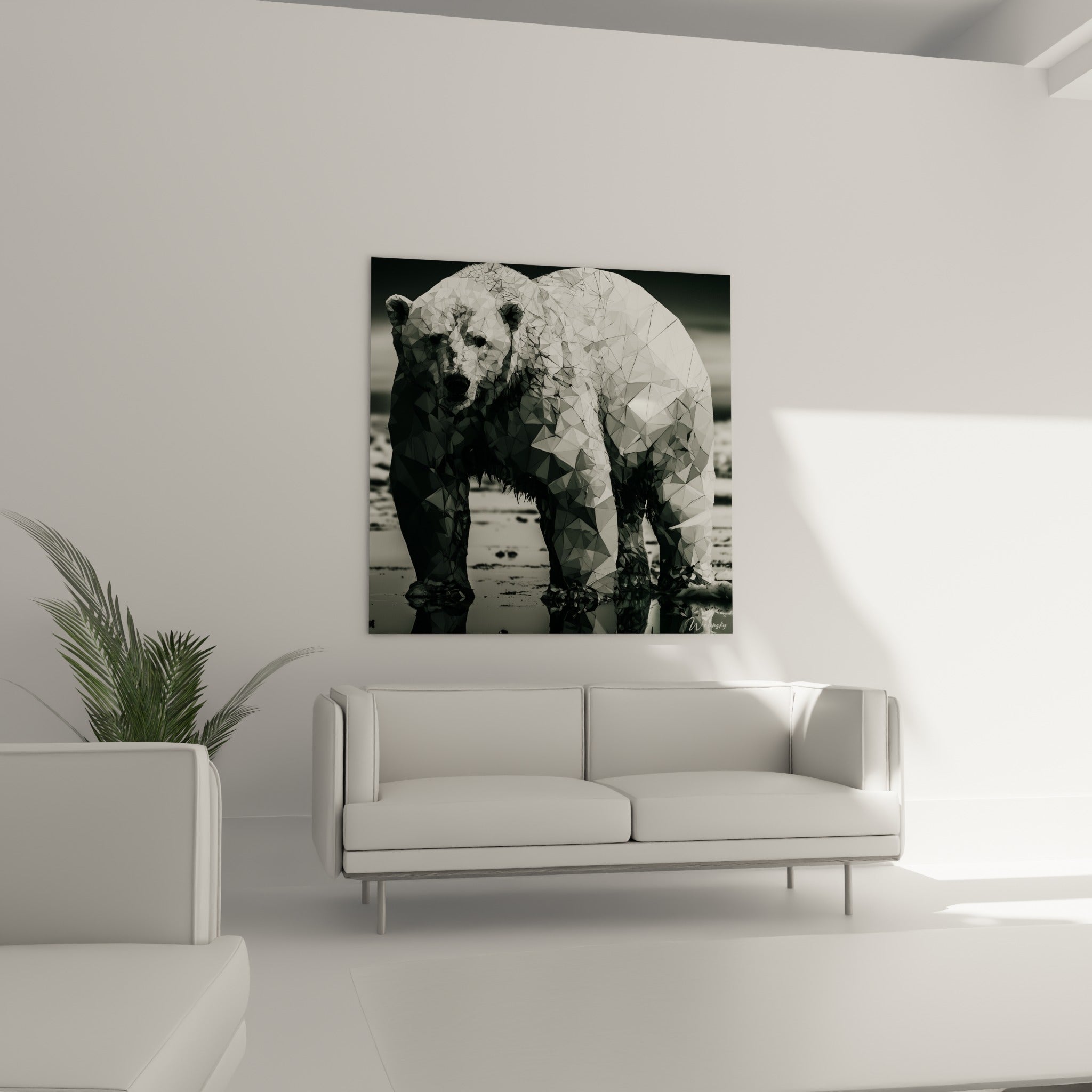 Regard intense d'ours polaire fragmenté en triangles gris et blancs, au-dessus d'un canapé dans un salon lumineux
