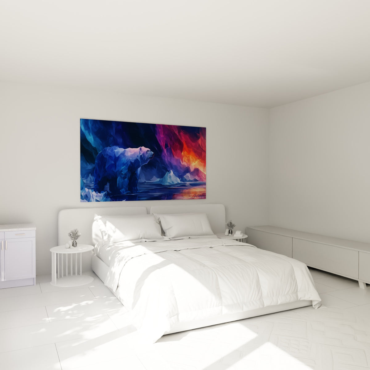 Ours polaire aux facettes bleu glacier et orange feu accroché au-dessus d'un lit dans une chambre claire