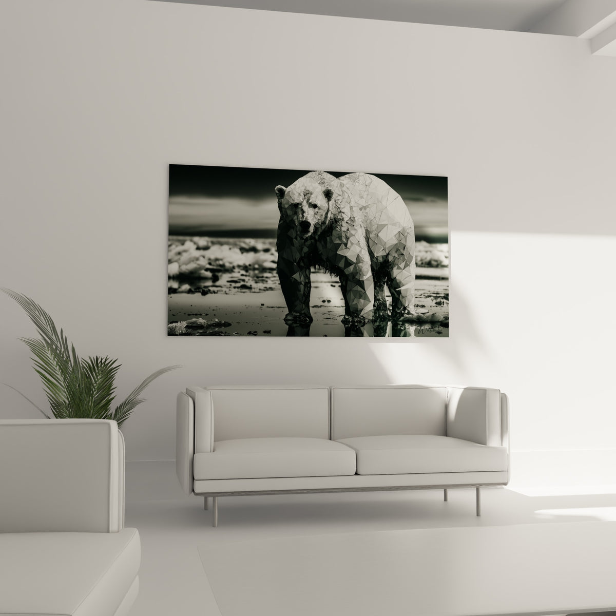 Ours polaire polygonal gris et blanc traversant la banquise, au-dessus d'un canapé dans un salon lumineux