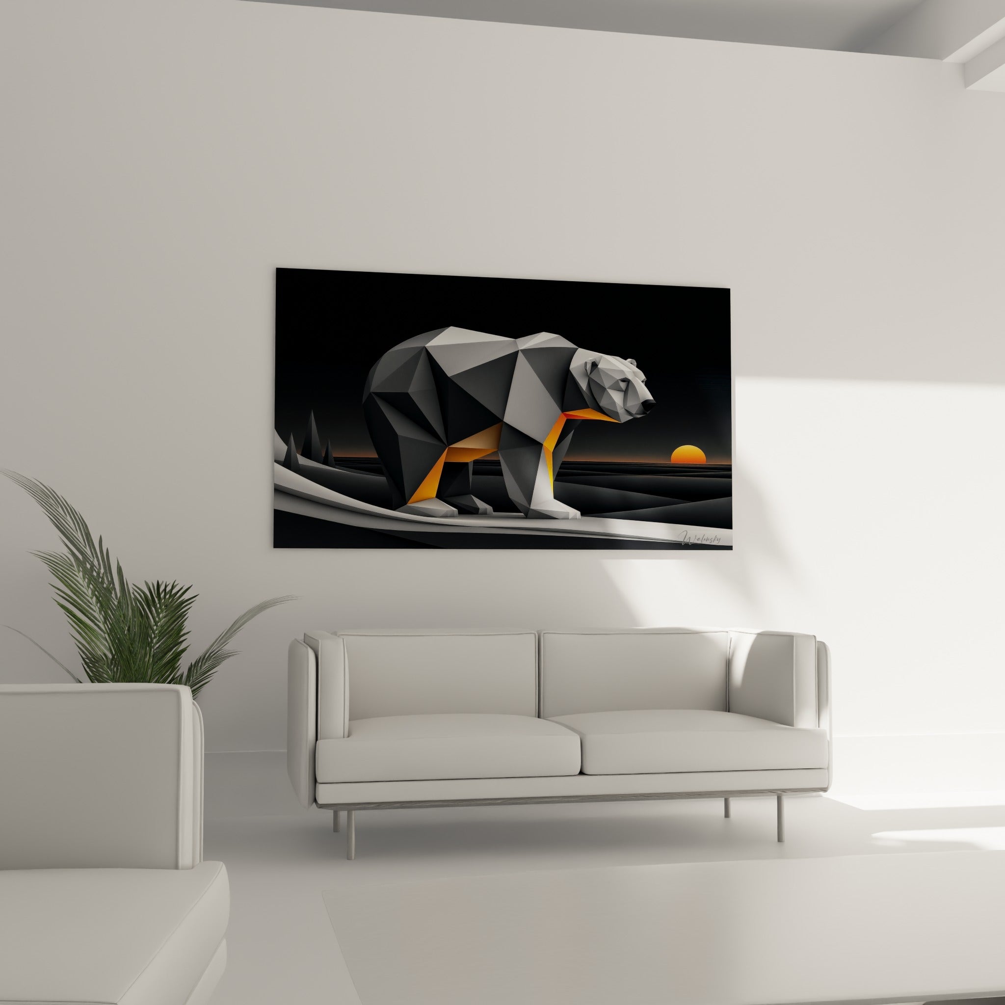 Ours polaire aux facettes anthracite et éclats orange accroché au-dessus d'un canapé dans un salon lumineux