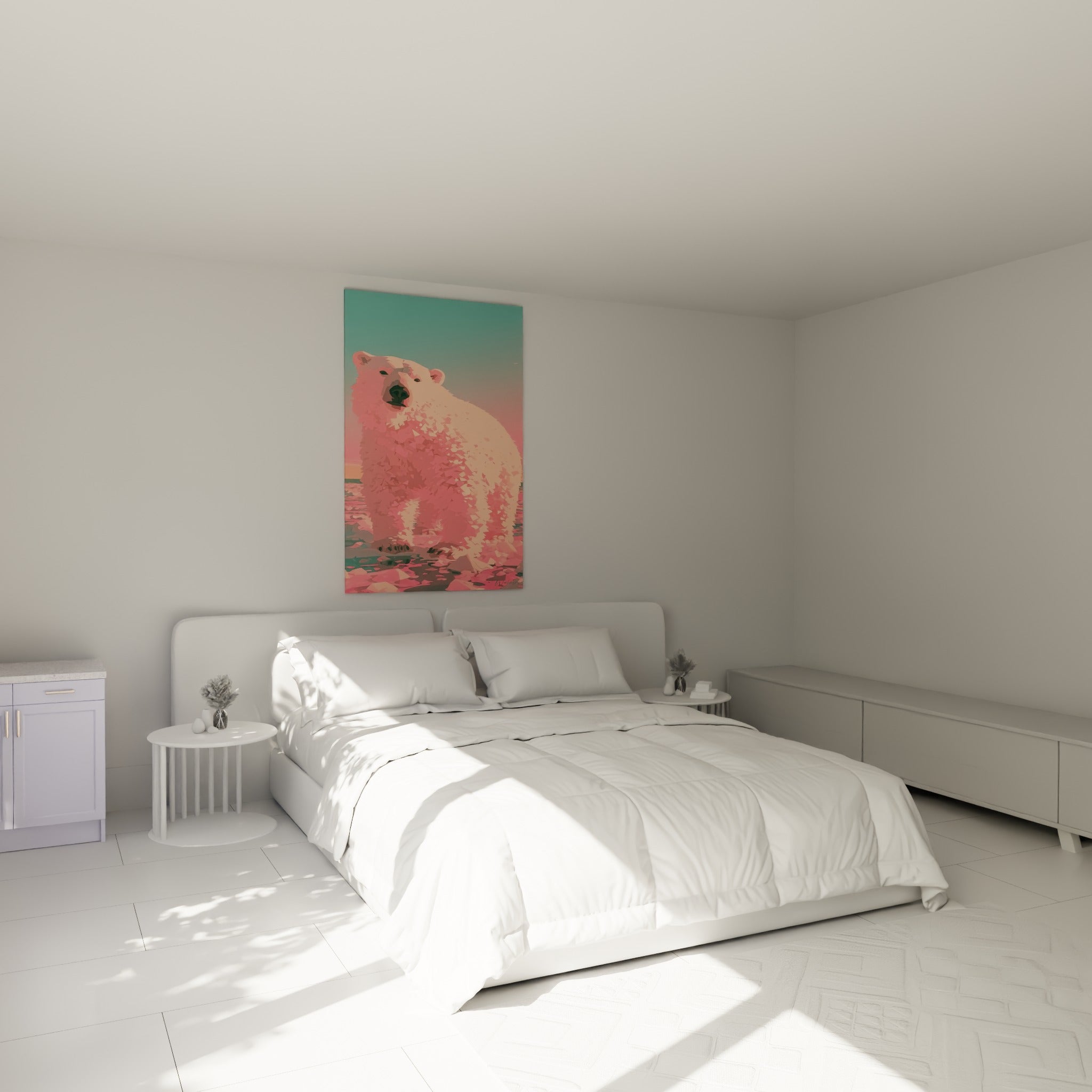 Ours blanc rose pâle et fond turquoise dégradé, accroché au-dessus d'un lit dans une chambre claire