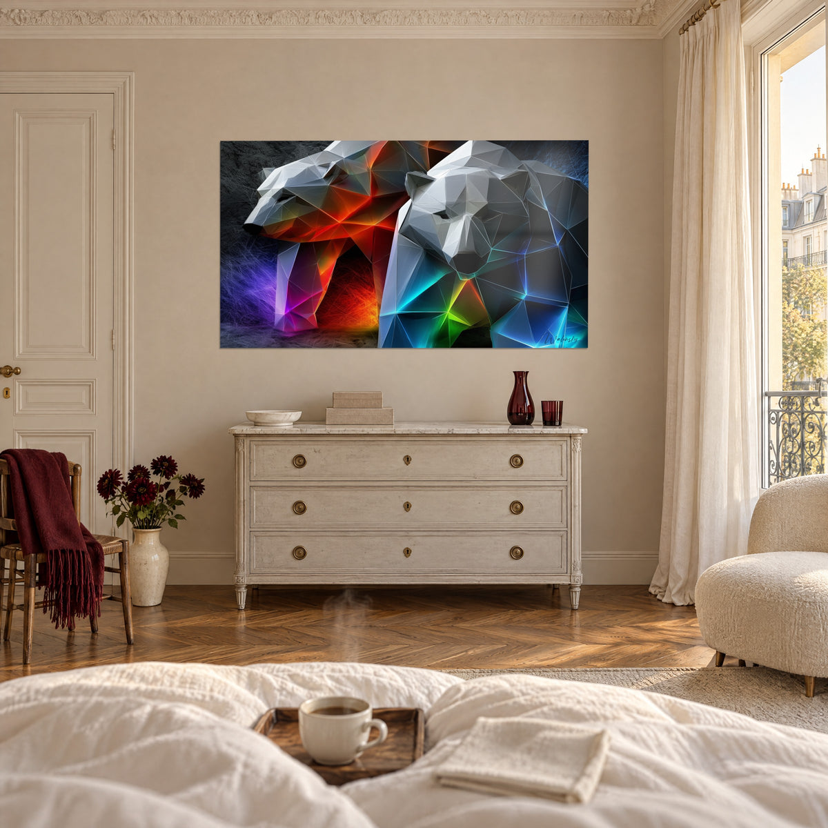 Wall art of geometric white bears, fiery red and glacier blue sparks, hung above a bed in a bright bedroom