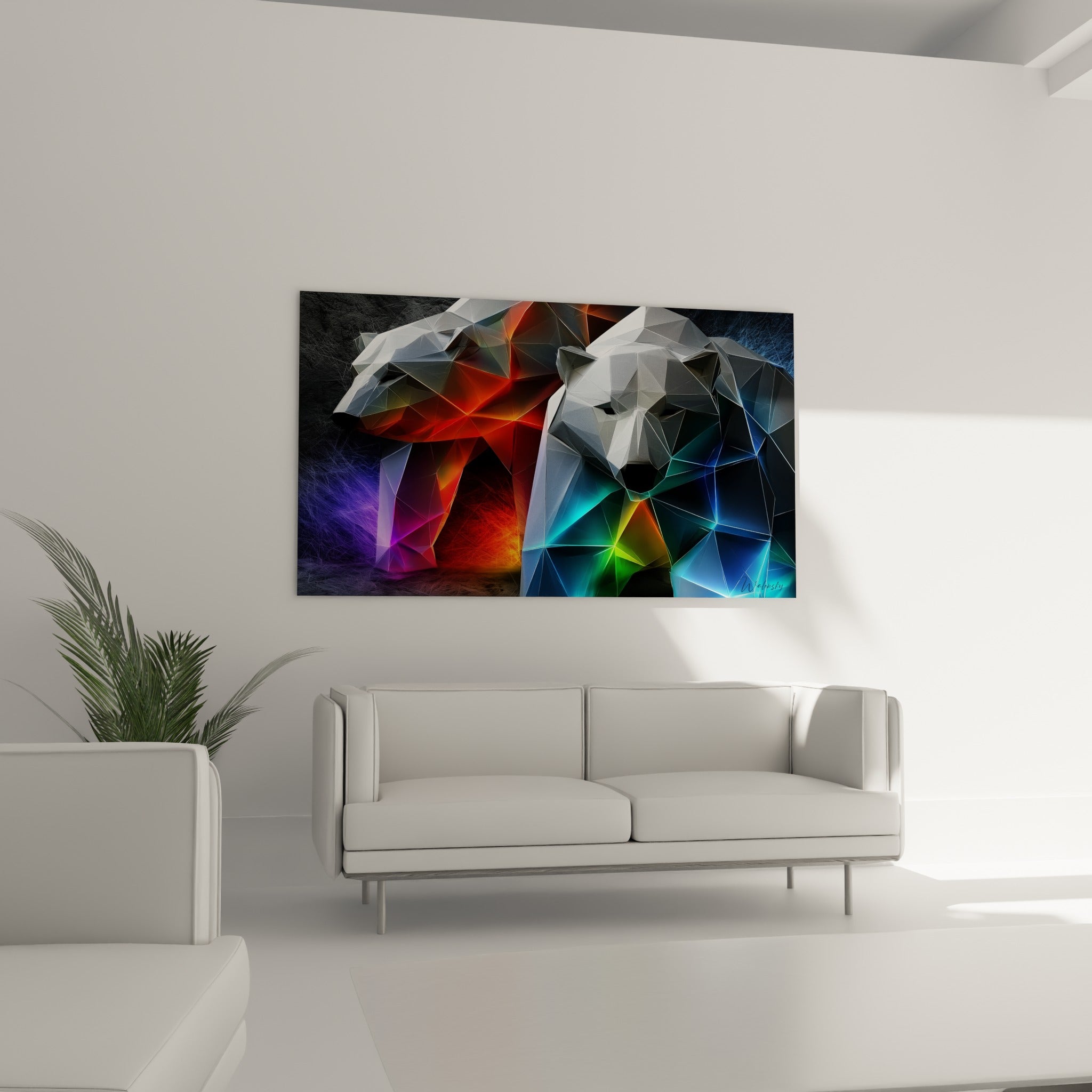 Têtes d'ours polaire facettées aux teintes turquoise et violette au-dessus d'un canapé dans un salon lumineux