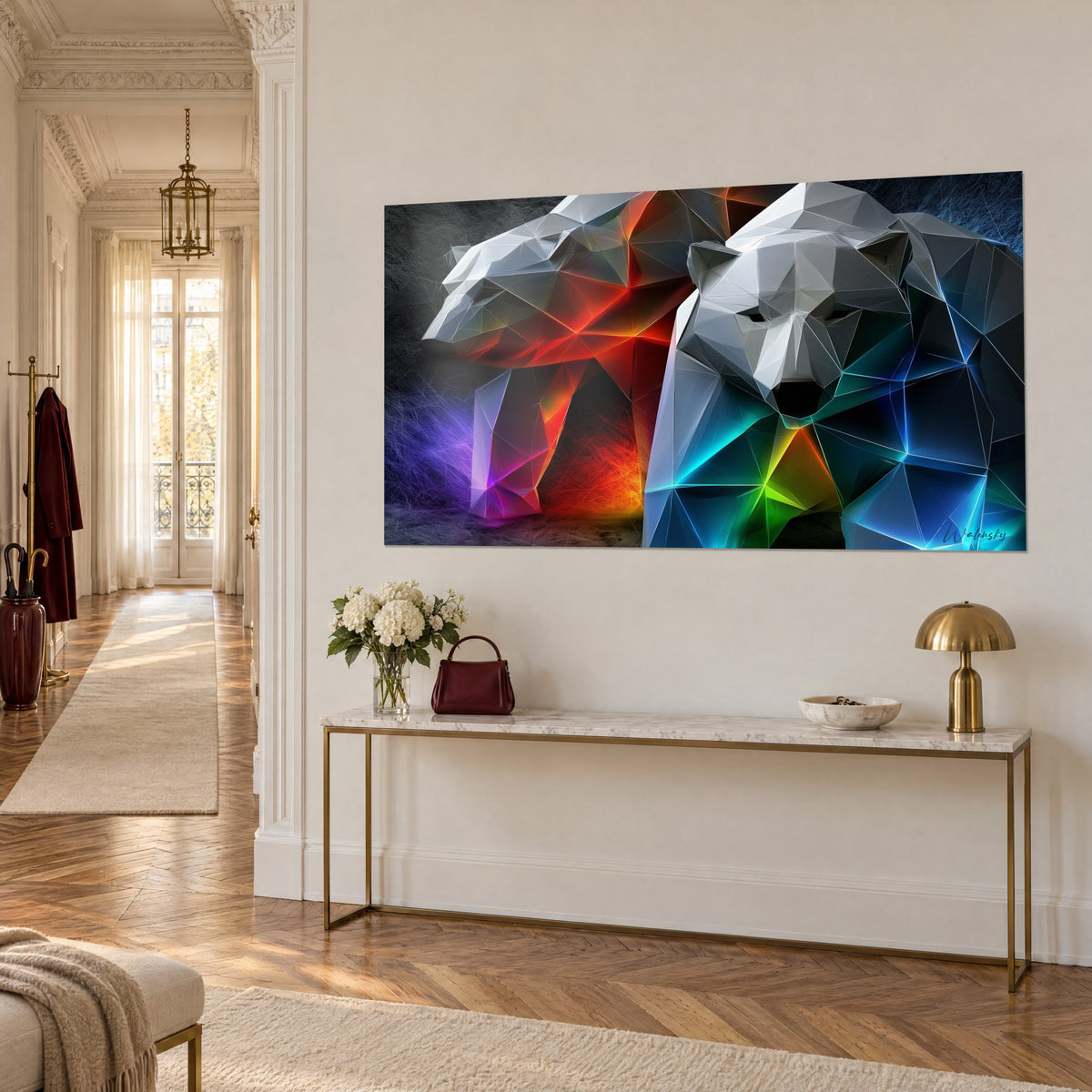 Wall art of a digital origami bear, pearl grey fur, red and green glints, angled view in a Haussmann-style corridor