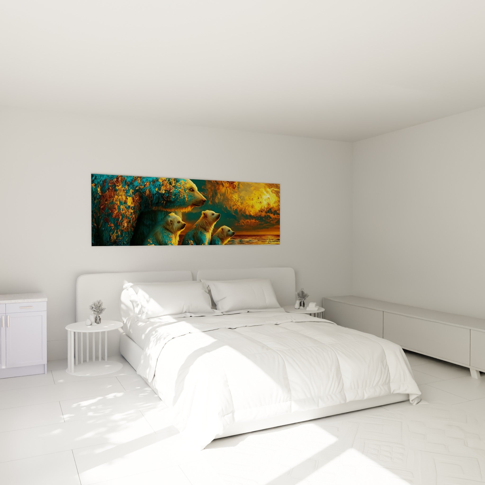 Quatre ours polaires bleu turquoise et ocre observant l'horizon, au-dessus d'un lit dans une chambre claire