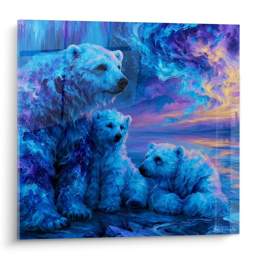 Tableau Ourse et oursons bleu et violet aurore - Veille maternelle - Edition Ours polaire