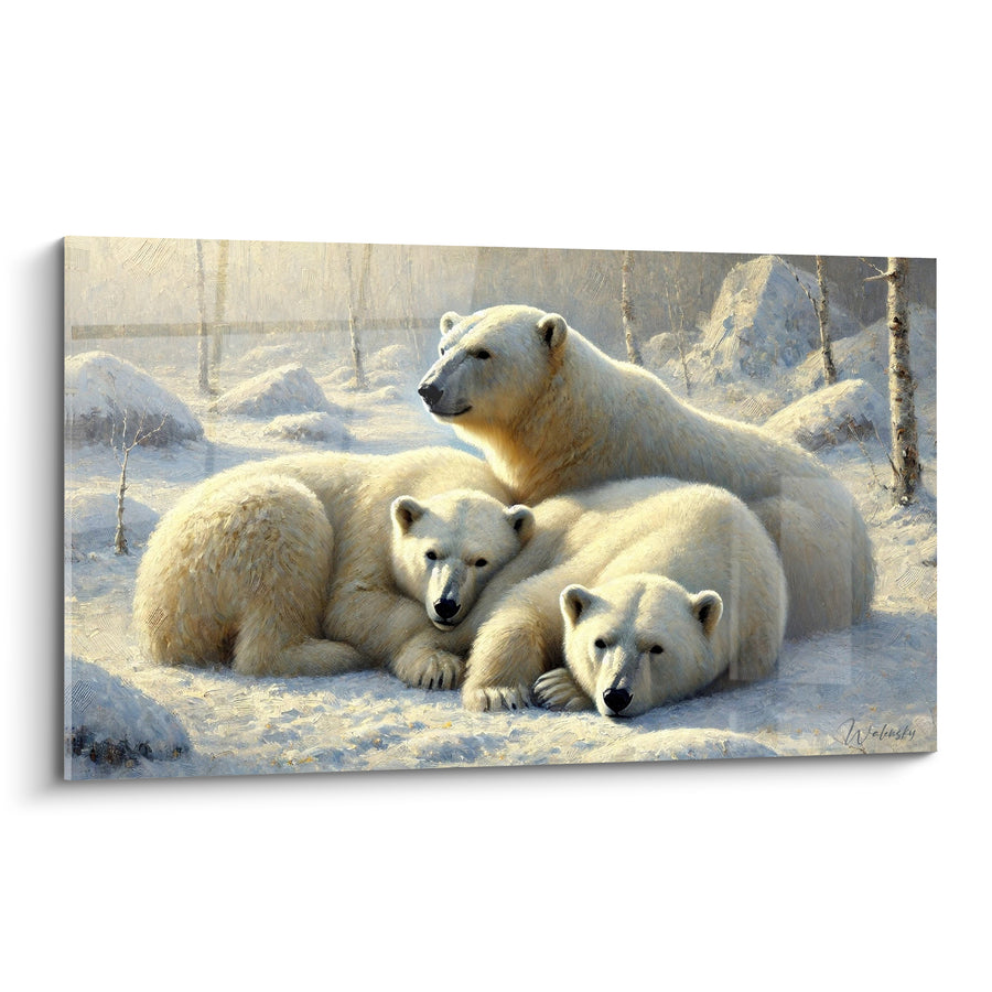 Tableau Ourse et oursons blancs sur banquise dorée - Refuge polaire - Edition Ours polaire