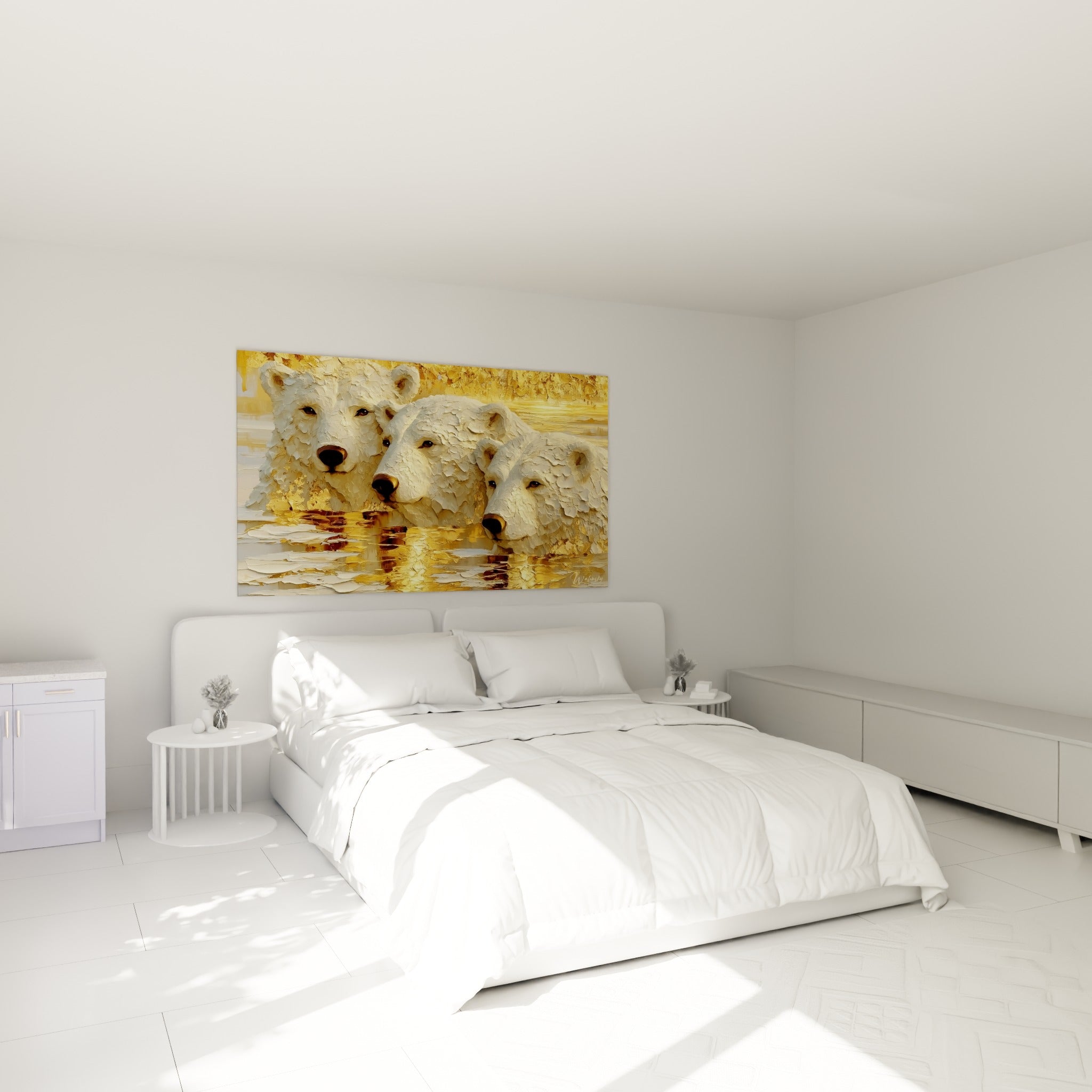 Ours polaires dorés et blancs réunis au-dessus d'un lit dans une chambre claire et lumineuse