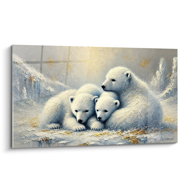 Tableau Ours polaires blottis dorés et argentés - Étreinte familiale - Edition Ours polaire
