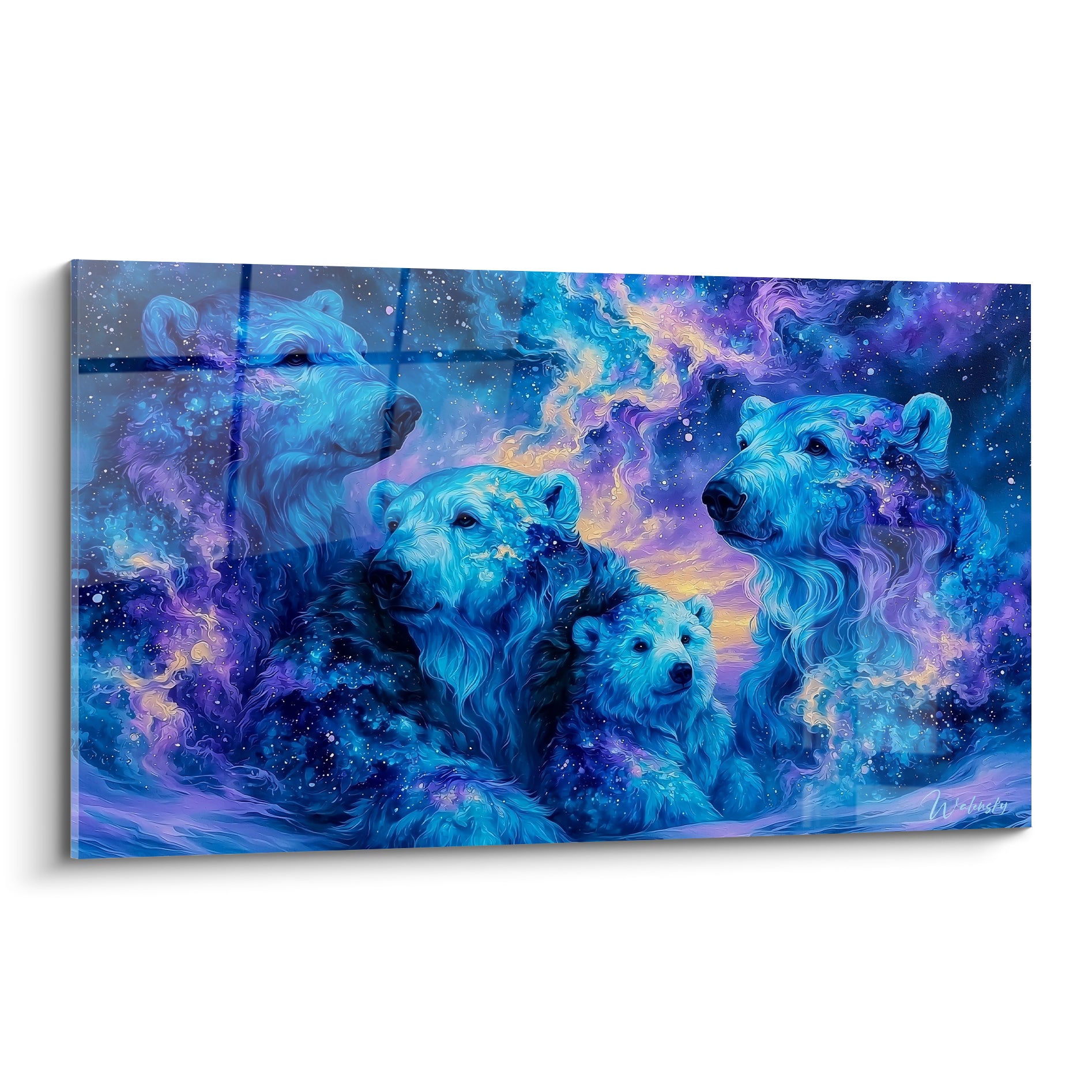 Famille d'ours polaires bleu et violet dans une galaxie étoilée aux reflets dorés