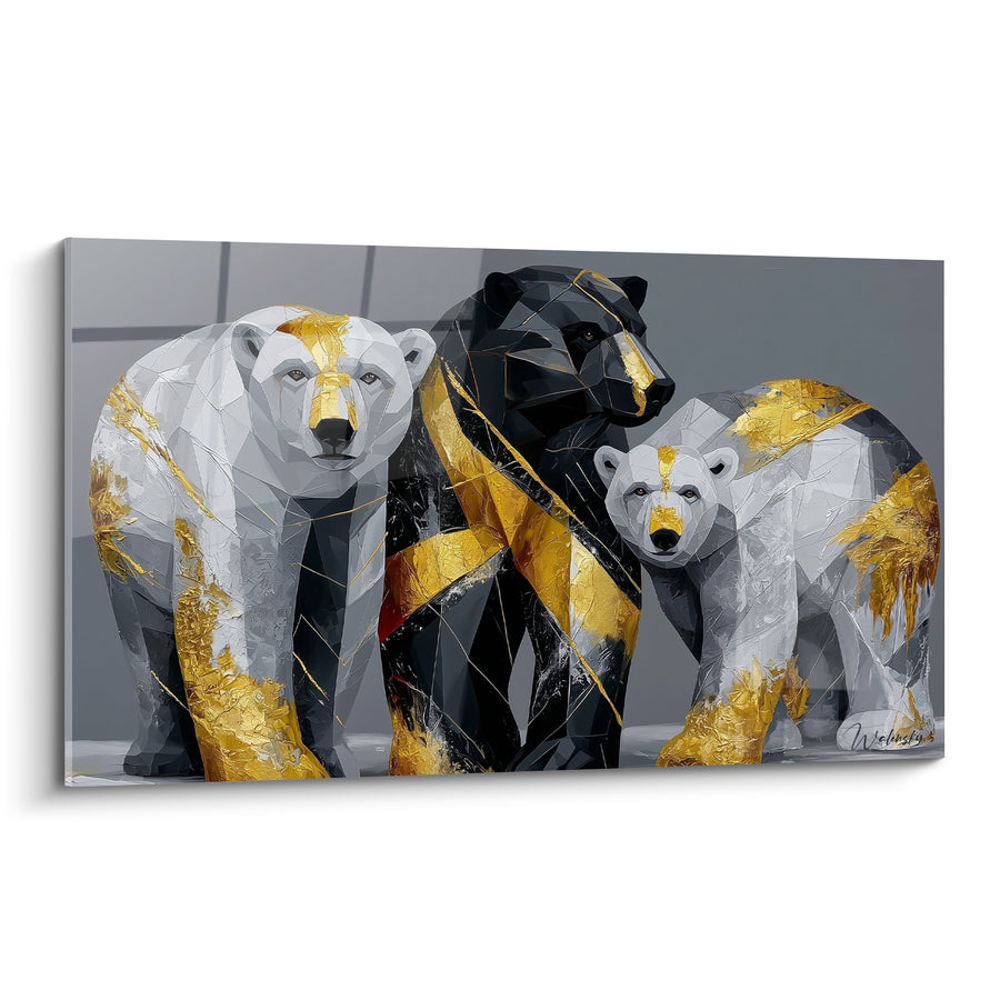 Tableau Trio d'ours polygonal noir et doré - Famille unie - Edition Ours polaire