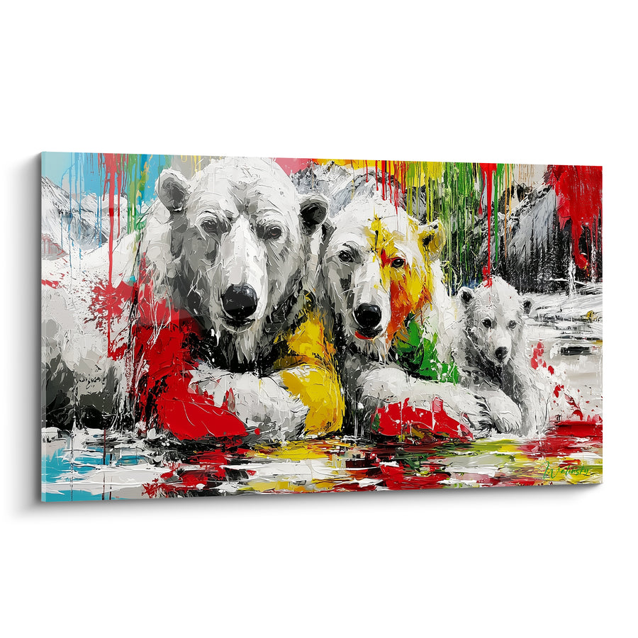Tableau Ours polaires blancs aux touches rouge et jaune - Famille au repos - Edition Ours polaire
