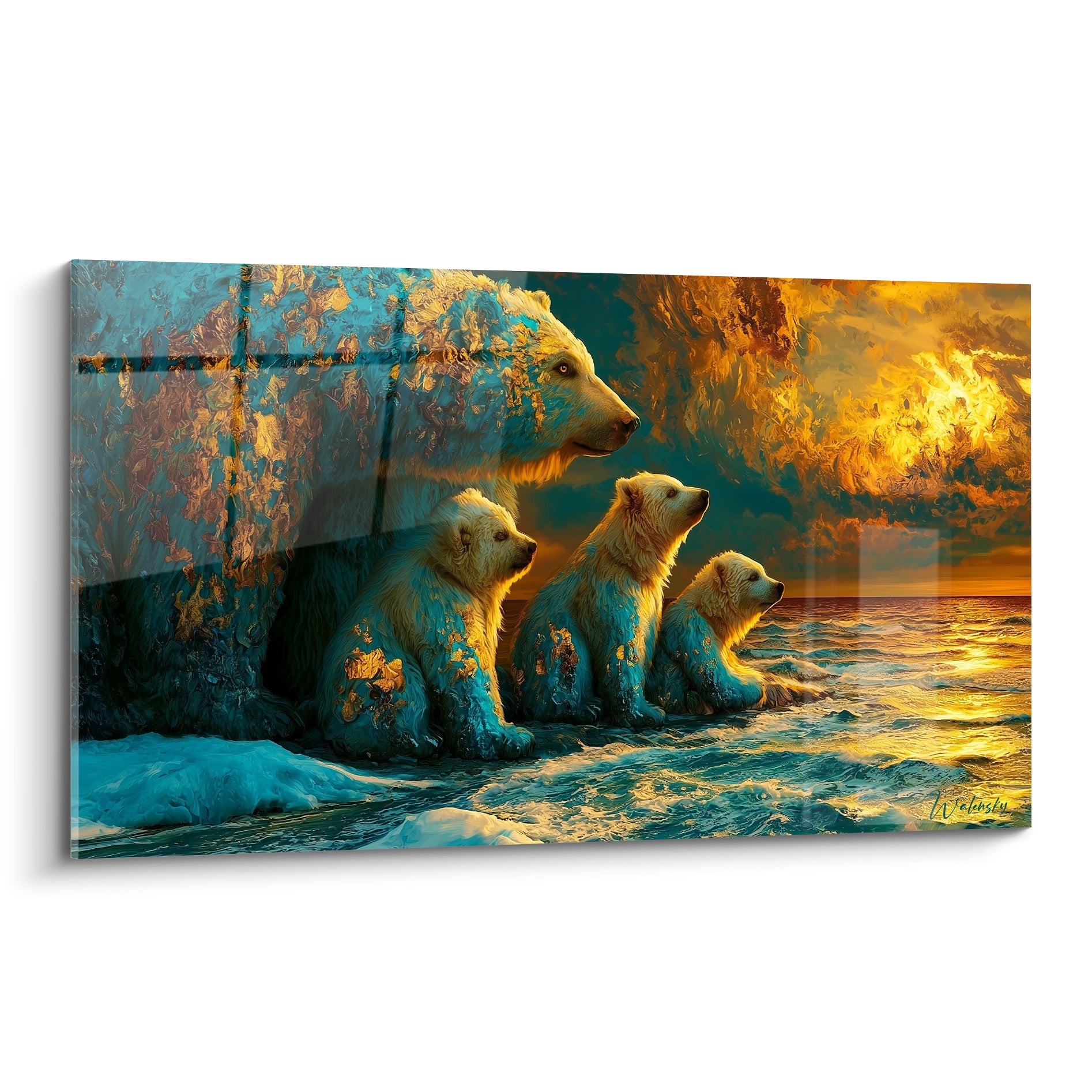 Ours polaire et ses trois petits observant un océan doré, pelage turquoise et blanc texturé