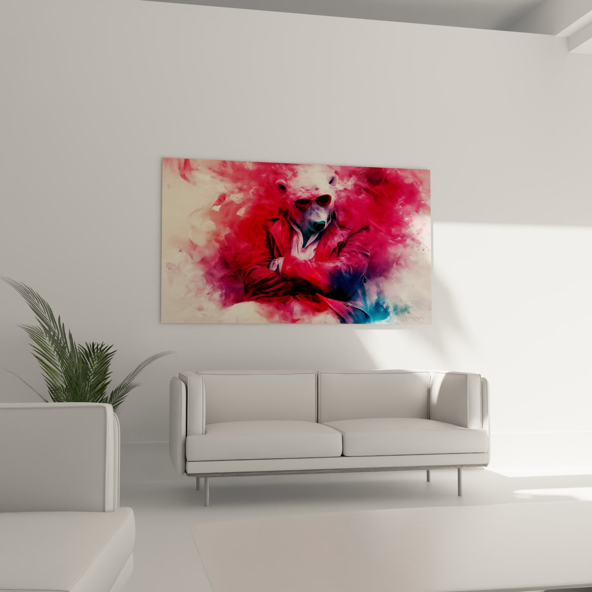 Portrait d'ours polaire rouge et anthracite aux bras croisés, au-dessus d'un canapé dans un salon lumineux