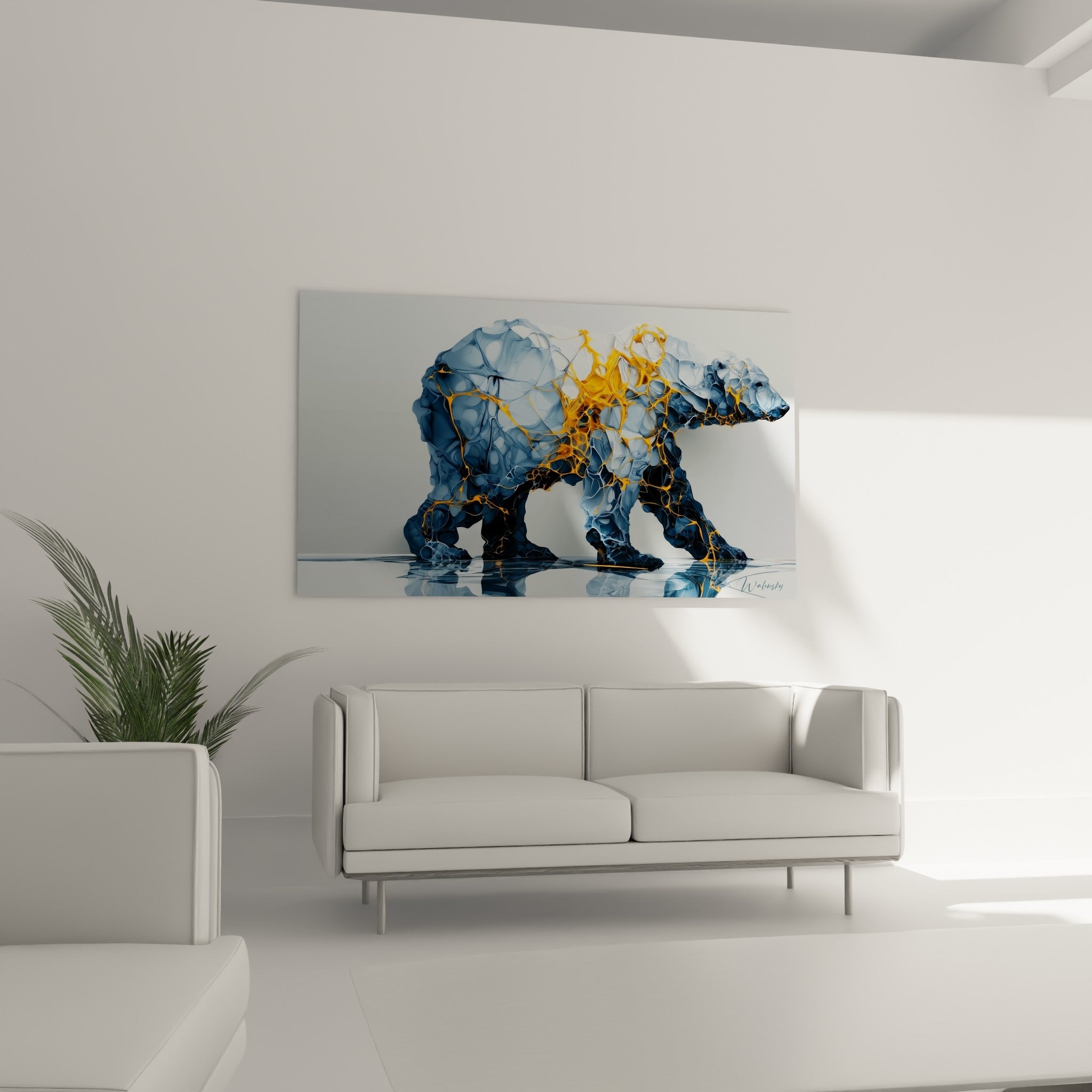 Ours polaire fauve doré aux textures fissurées, au-dessus d'un canapé dans un salon lumineux