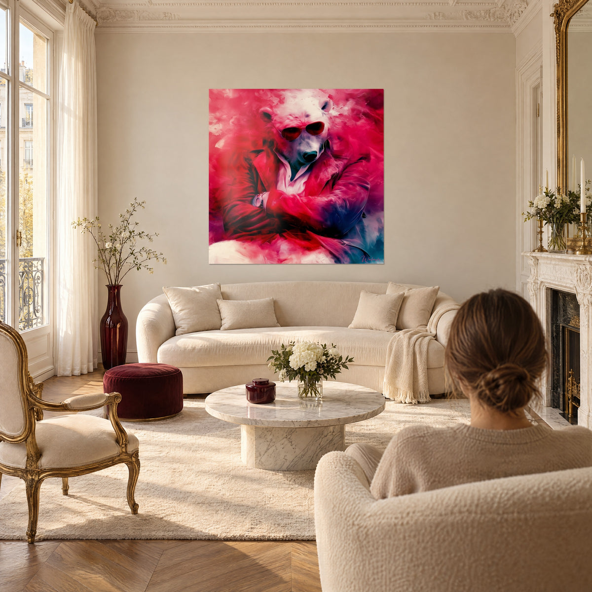 Schilderij ijsbeer in karmijnrood jack, armen over elkaar, vlammend roze achtergrond, boven een bank in een lichte woonkamer