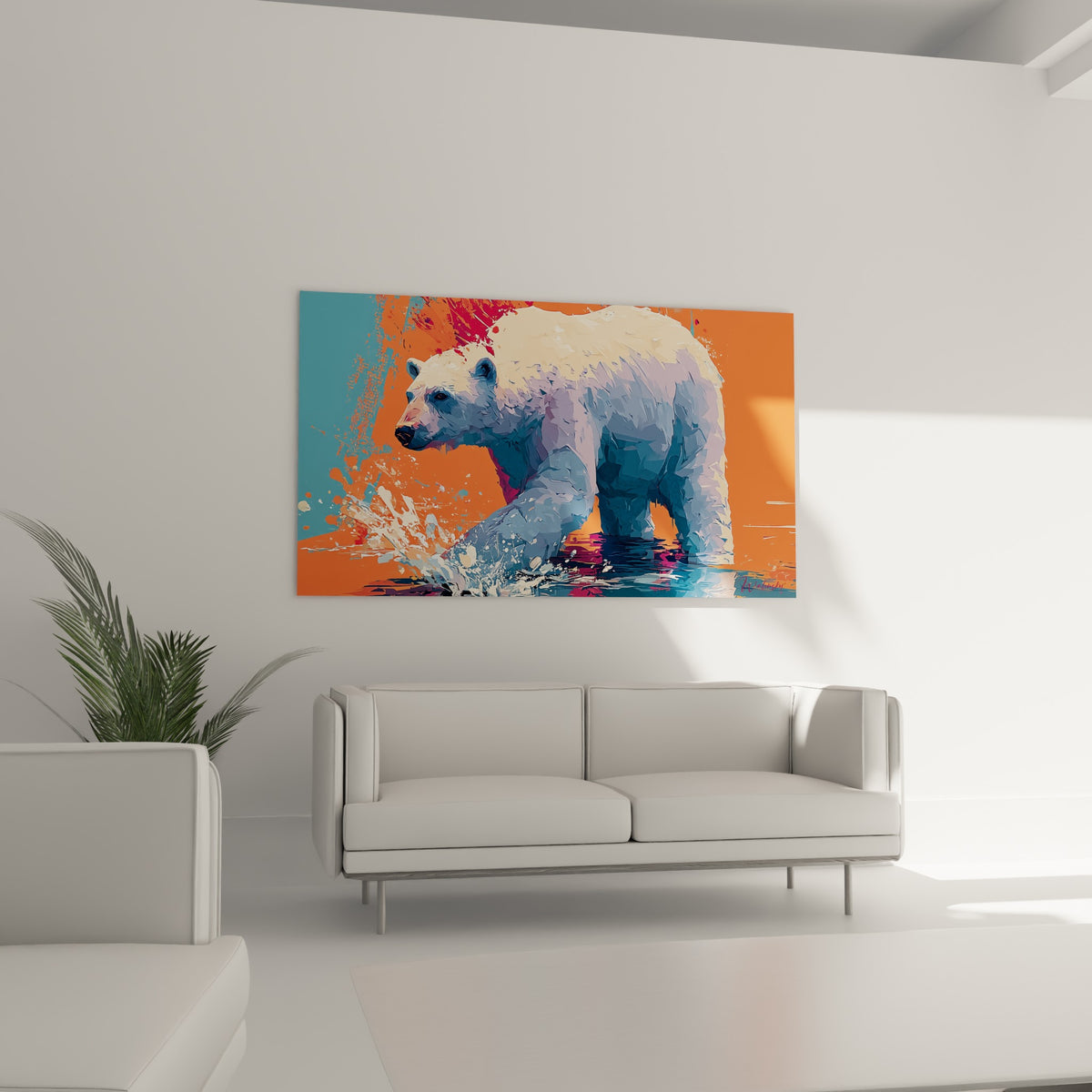 Silhouette animale aux teintes orange et bleu pétrole, au-dessus d'un canapé dans un salon lumineux