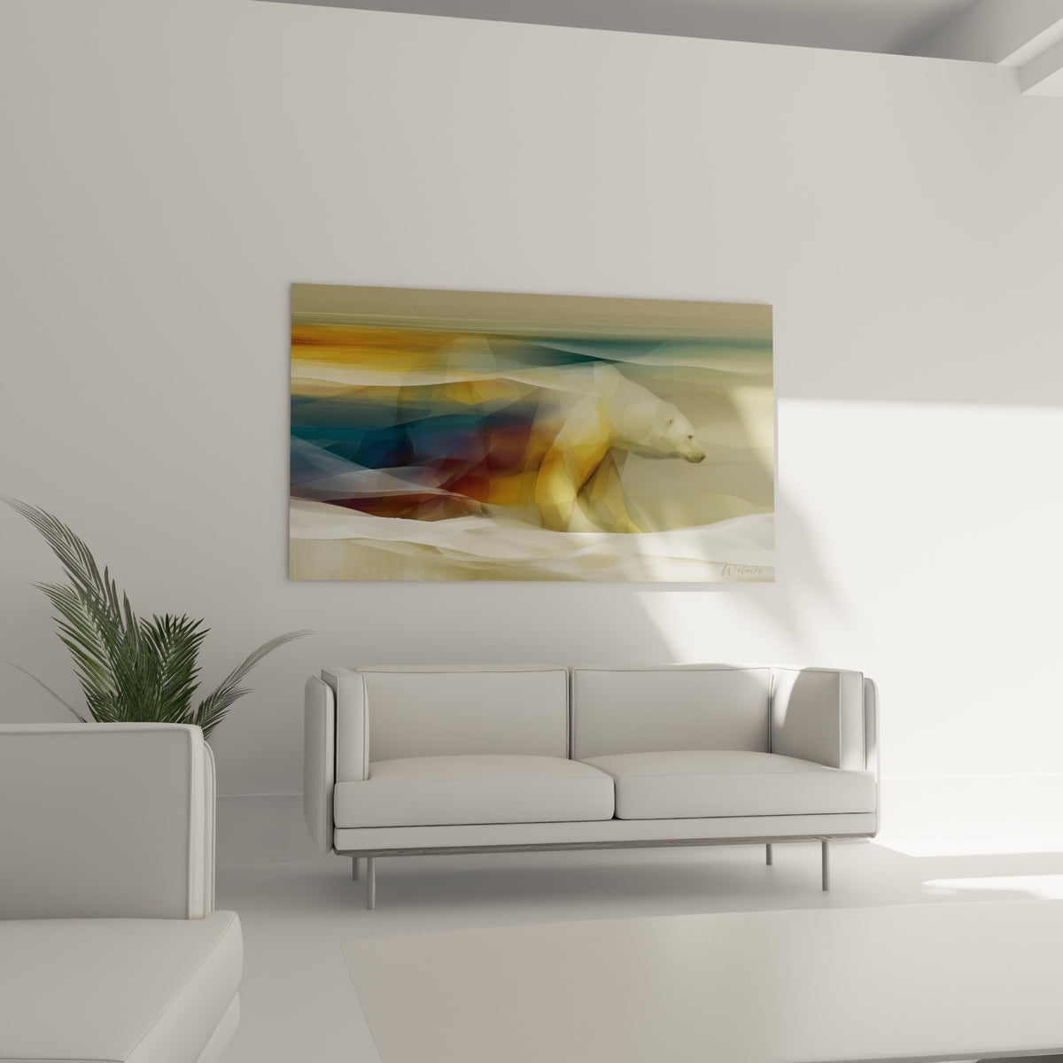 Animal polaire traversé de bleu marine et d'ocre au-dessus d'un canapé dans un salon lumineux