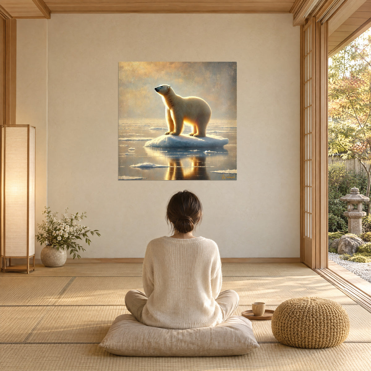 Tableau ours blanc solitaire sur sa banquise, pelage ivoire doré et brume sable, face à une femme assise de dos sur un coussin, baie sur jardin
