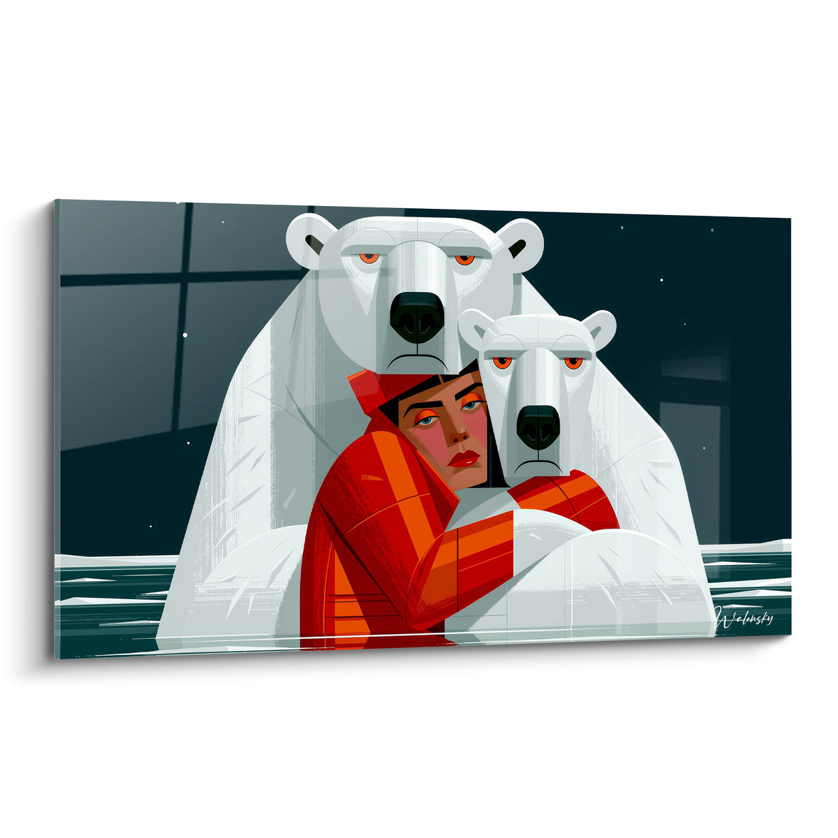 Ours polaire blanc et femme au manteau rouge orangé enlacés sous un ciel étoilé anthracite