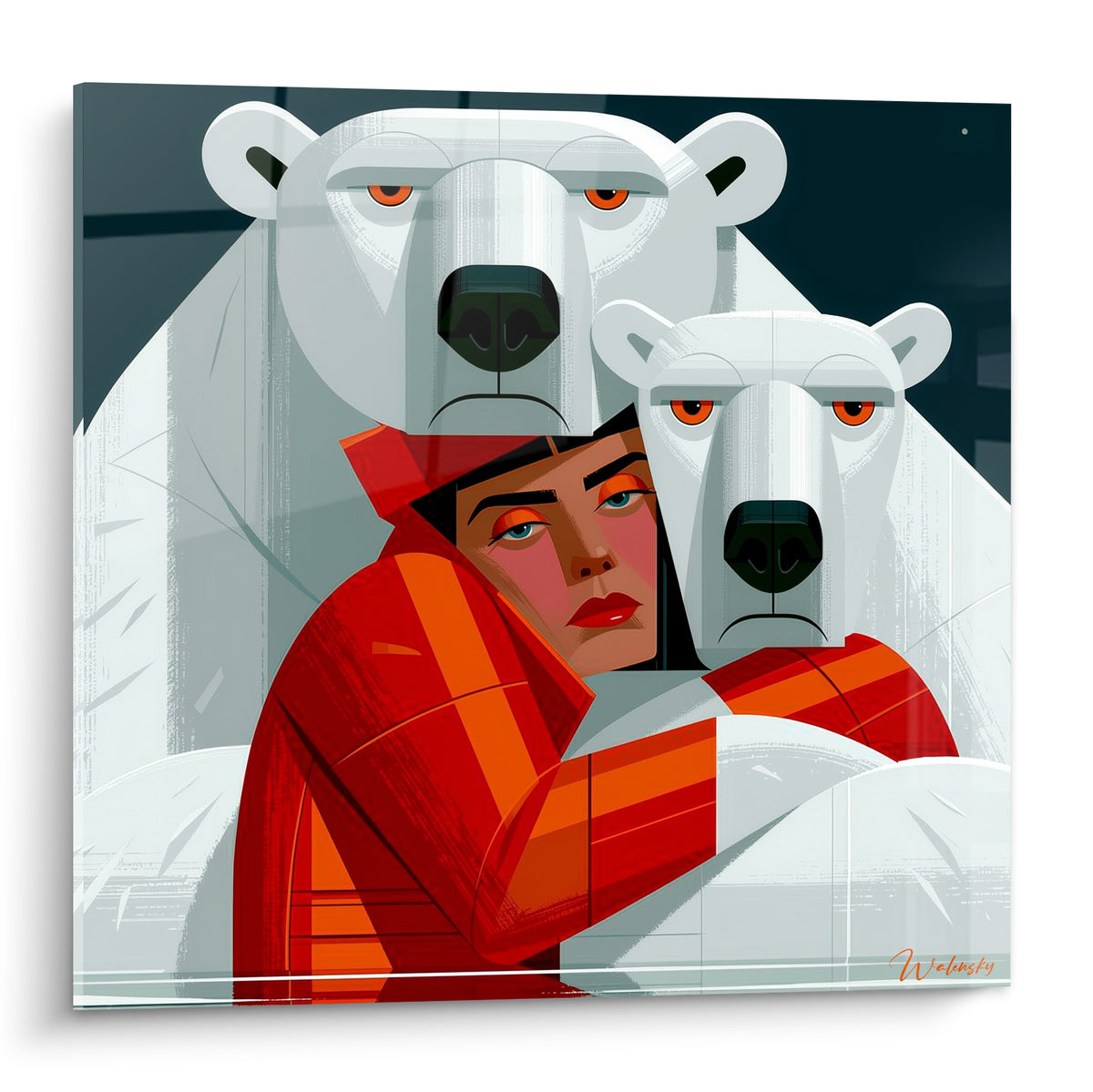 Ours polaires blanc et anthracite encadrant une femme au manteau rouge et orange vif