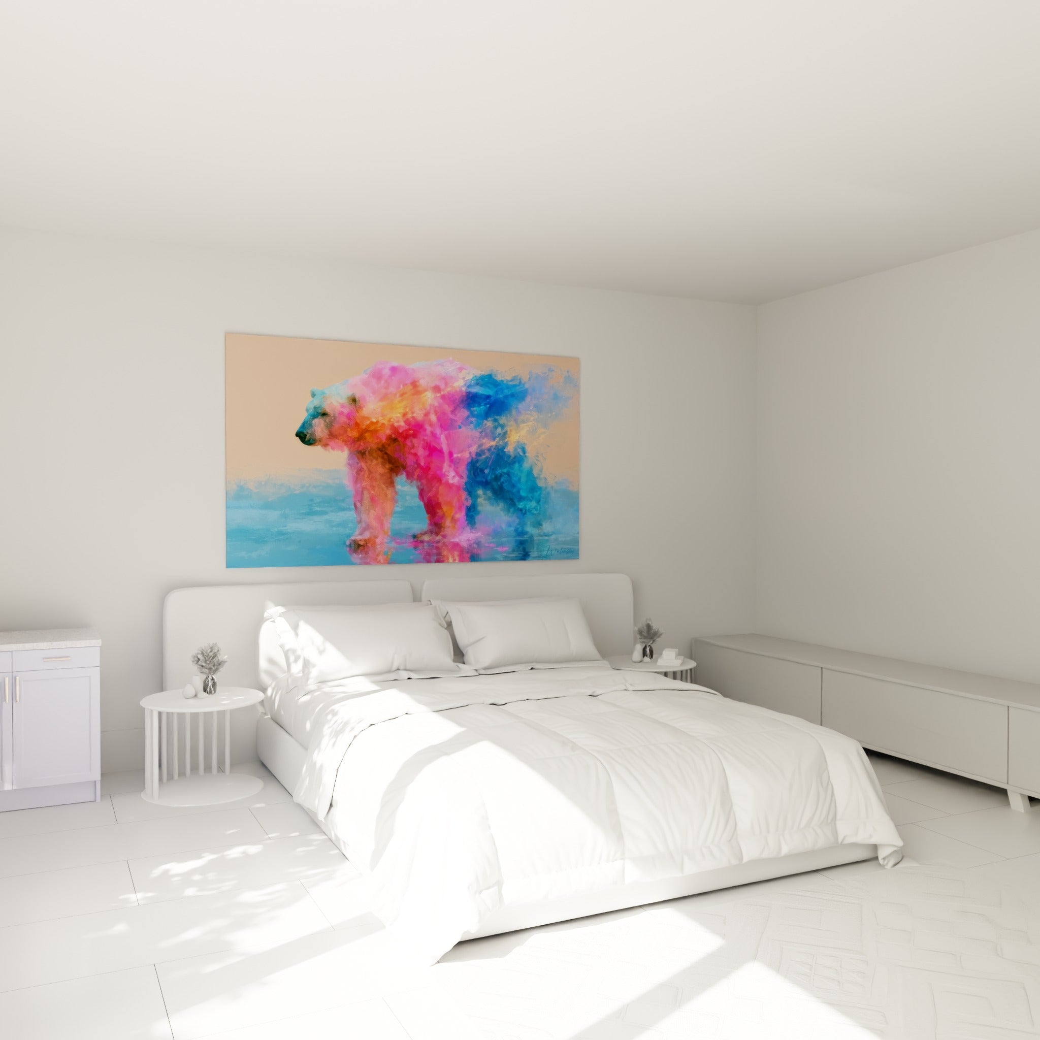 Silhouette d'ours polaire enflammée de rose et bleu au-dessus d'un lit dans une chambre claire