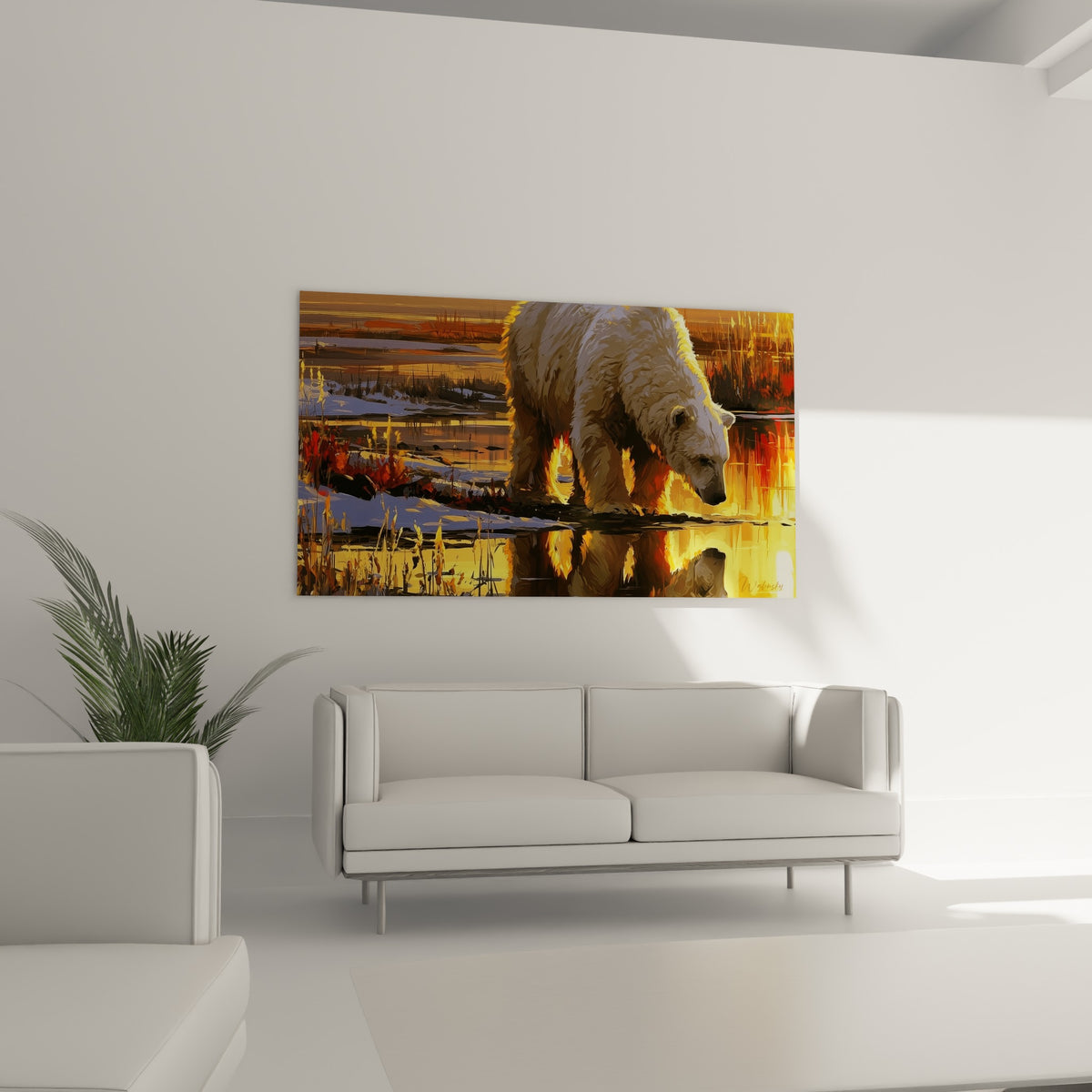 Ours polaire blanc traversé de lumière ambrée, accroché au-dessus d'un canapé dans un salon lumineux