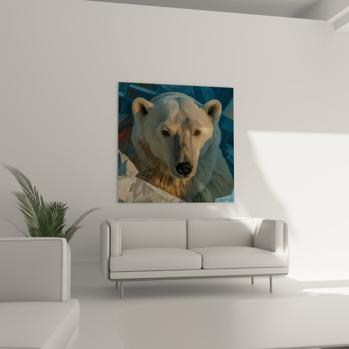 Regard ambré et pelage ivoire de l'ours polaire disposé au-dessus d'un canapé dans un salon lumineux