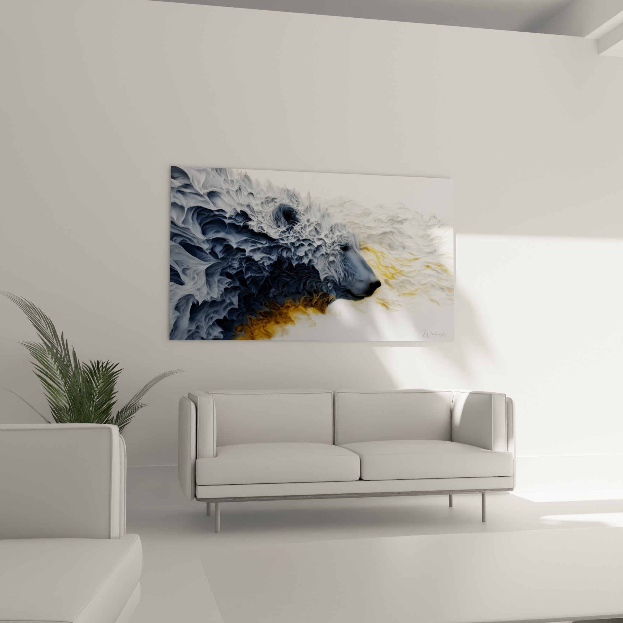 Silhouette animale bleu marine et doré se dissolvant en matière fluide, au-dessus d'un canapé dans un salon lumineux