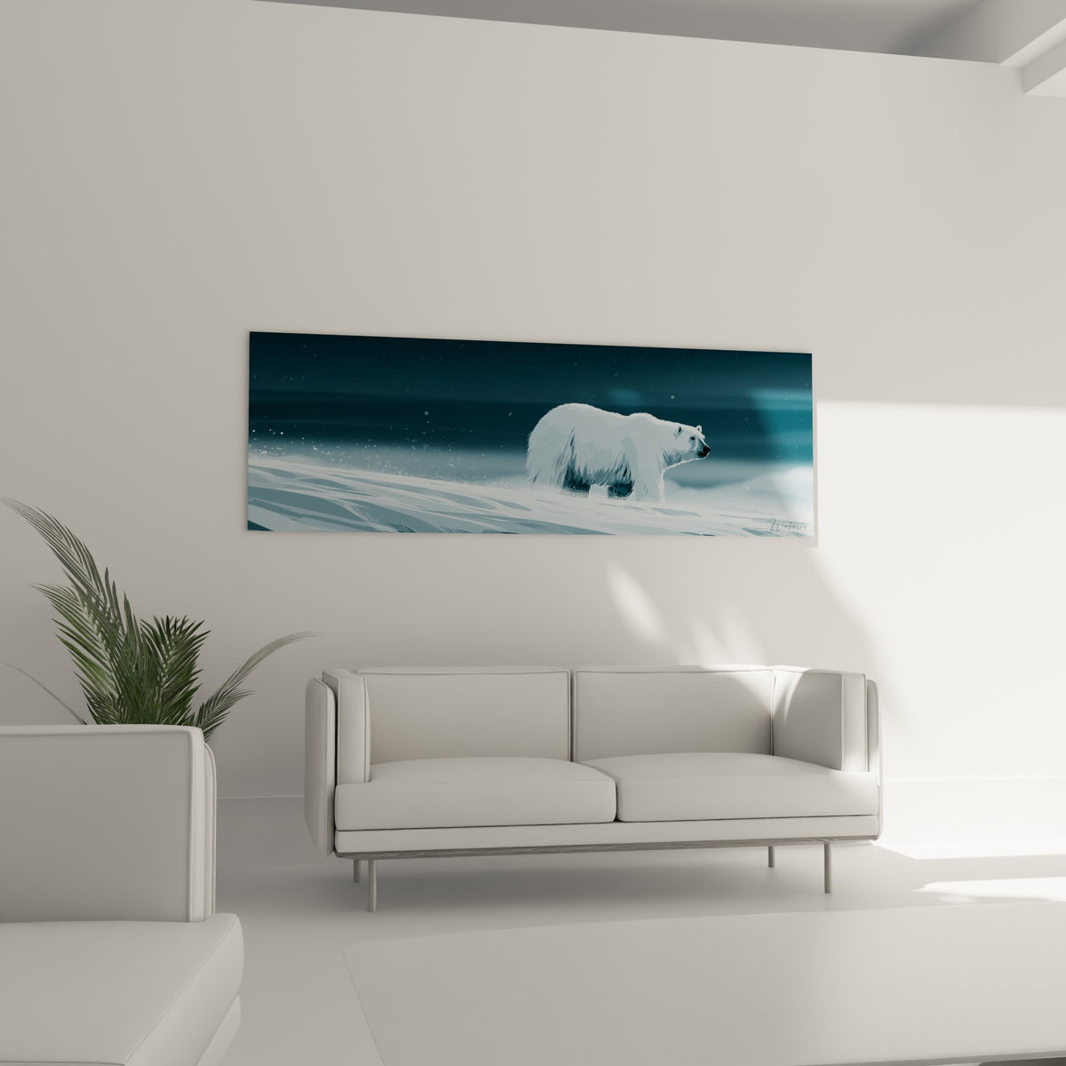 Fourrure blanche de l'ours polaire se détachant sur fond anthracite, au-dessus d'un canapé dans un salon lumineux