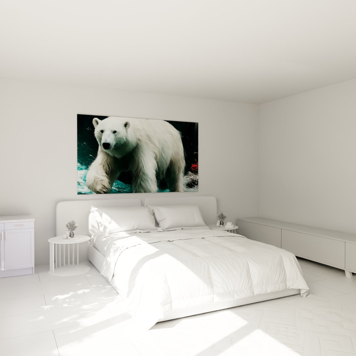 Ours polaire blanc au pelage épais et reflets turquoise, accroché au-dessus d'un lit dans une chambre claire