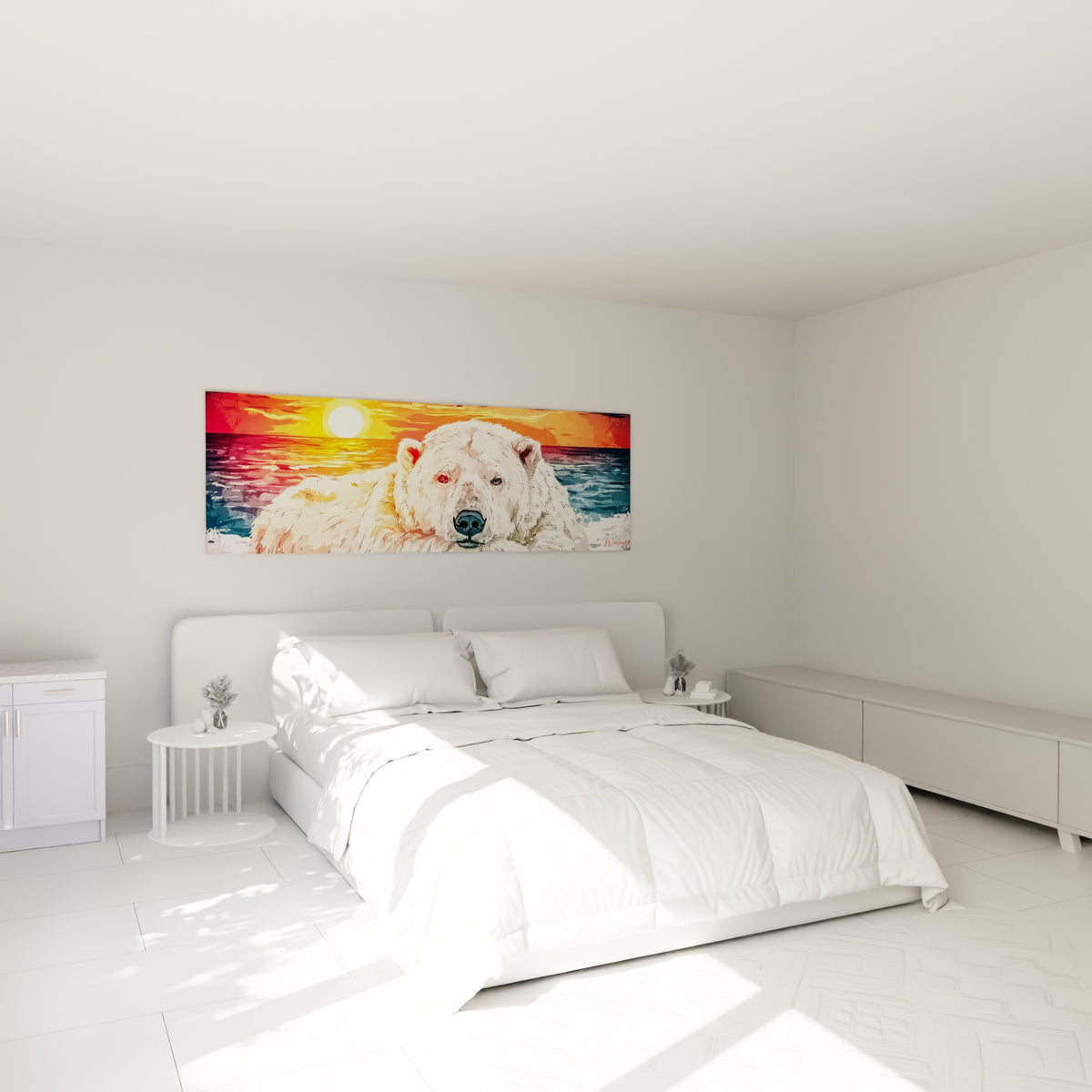 Fourrure blanche et regard paisible d'un ours polaire au coucher de soleil, au-dessus d'un lit dans une chambre claire