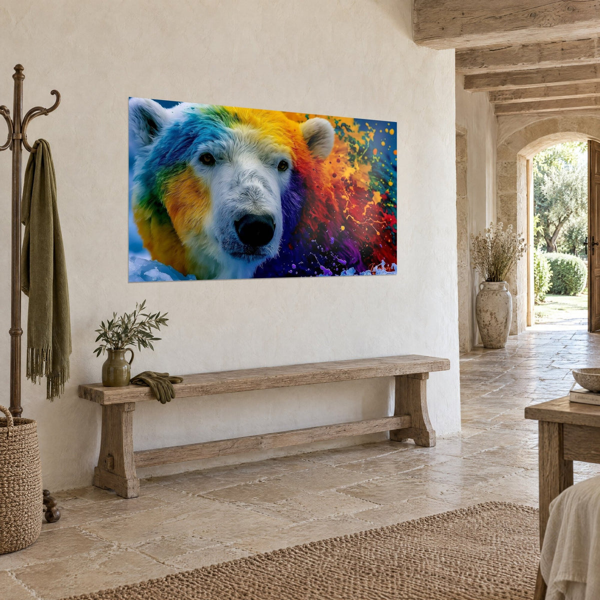 Wall art portrait of a white wild cat with a black muzzle, orange and purple mane splattered with paint, on a cream stone wall, three-quarter view