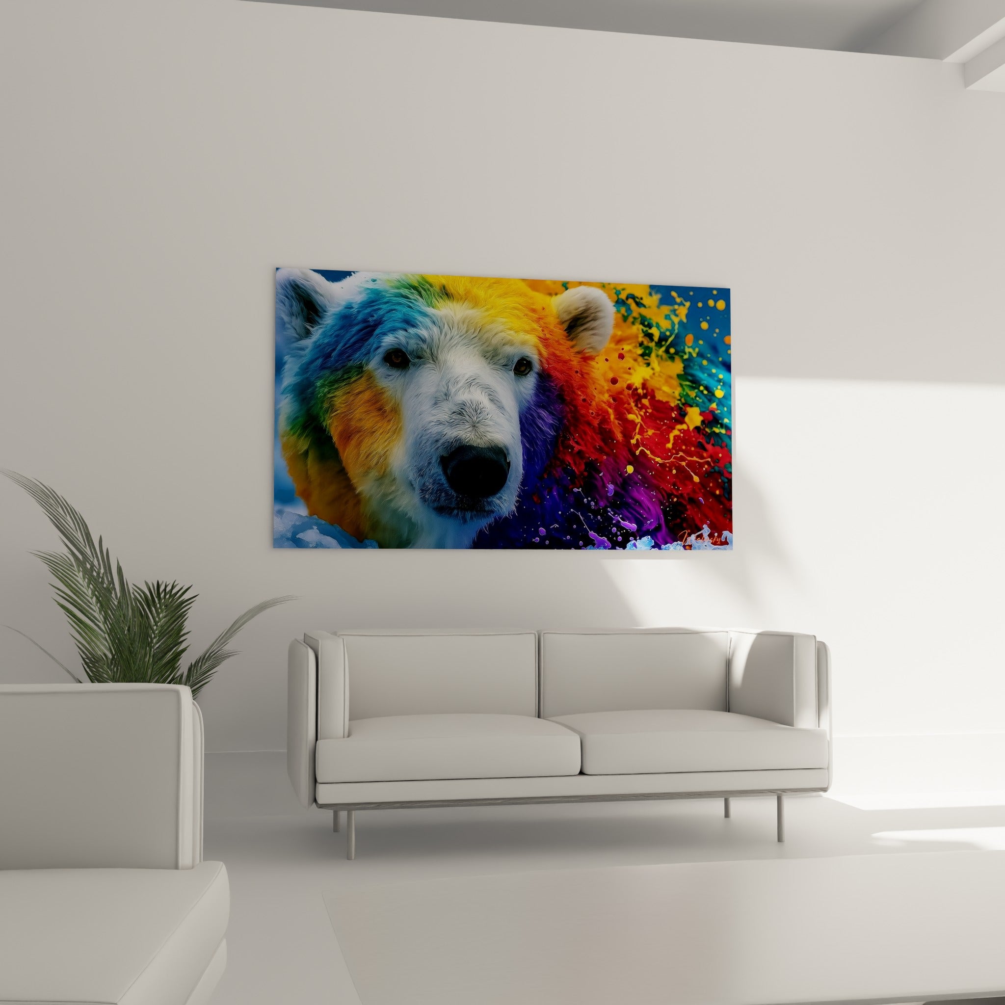 Fourrure blanche de l'ours polaire fusionnant avec des éclats bleu nuit et rouge, au-dessus d'un canapé dans un salon lumineux