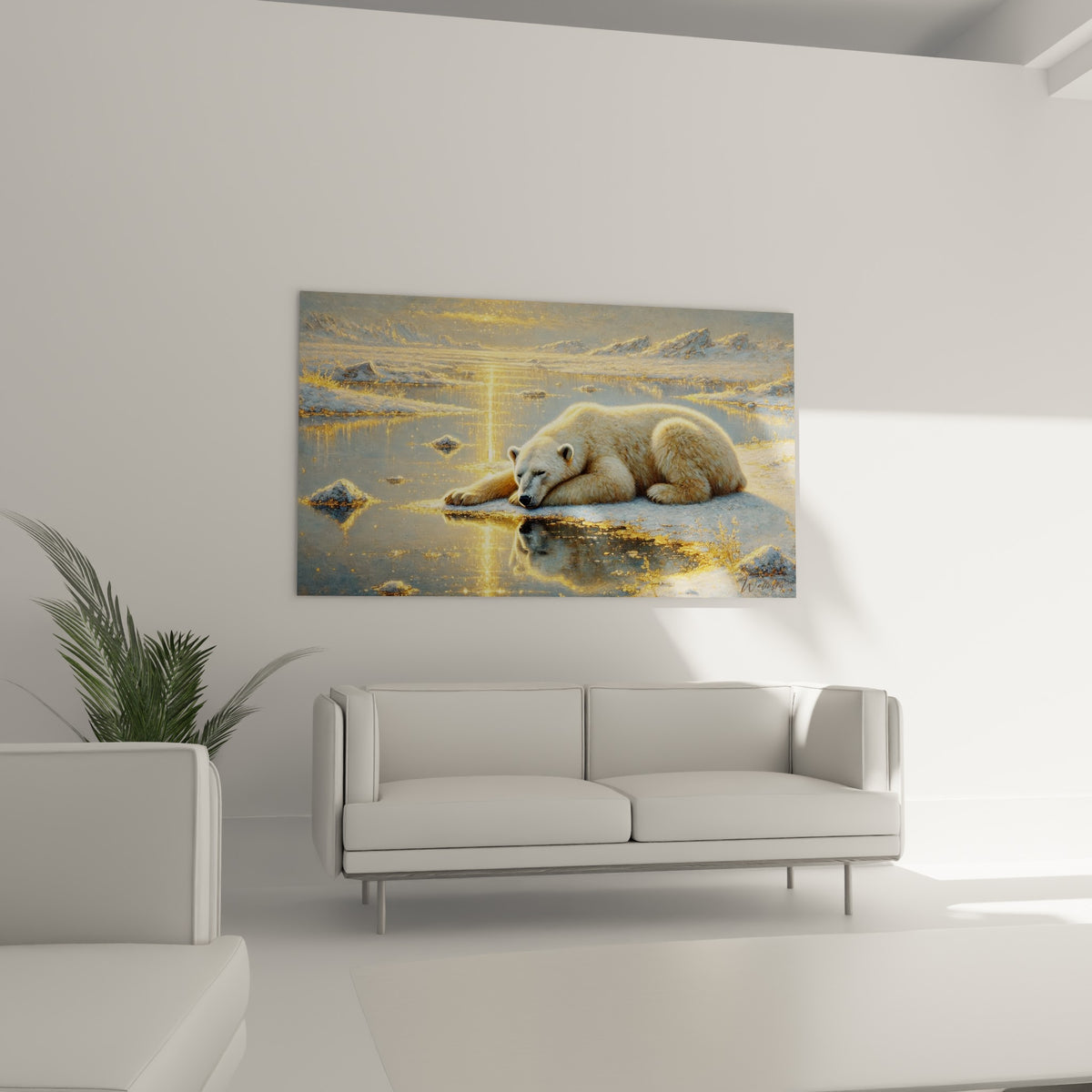 Animal arctique blanc et or reposant sur la banquise, au-dessus d'un canapé dans un salon lumineux