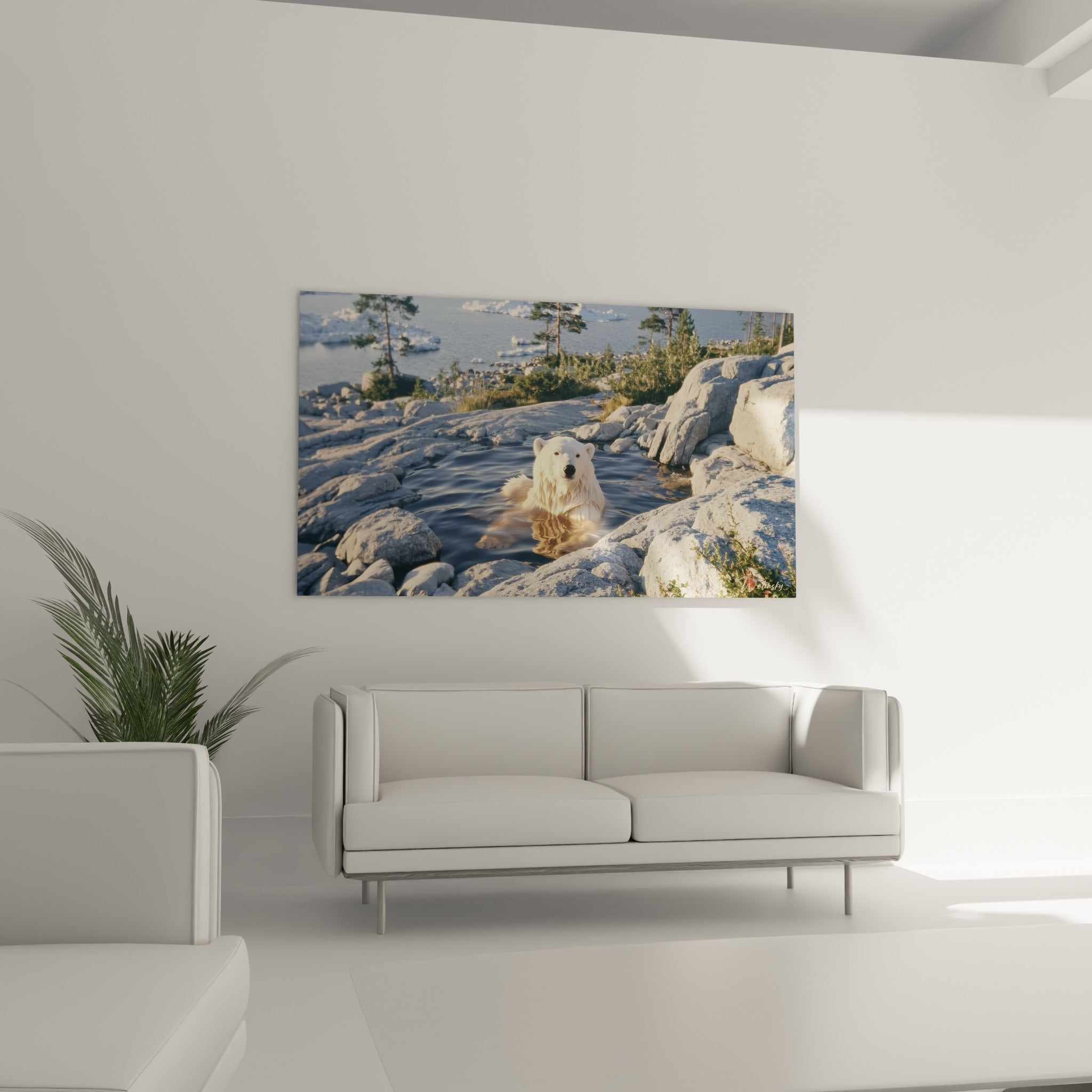 Silhouette blanche de l'ours polaire baignée de lumière dorée, au-dessus d'un canapé dans un salon lumineux