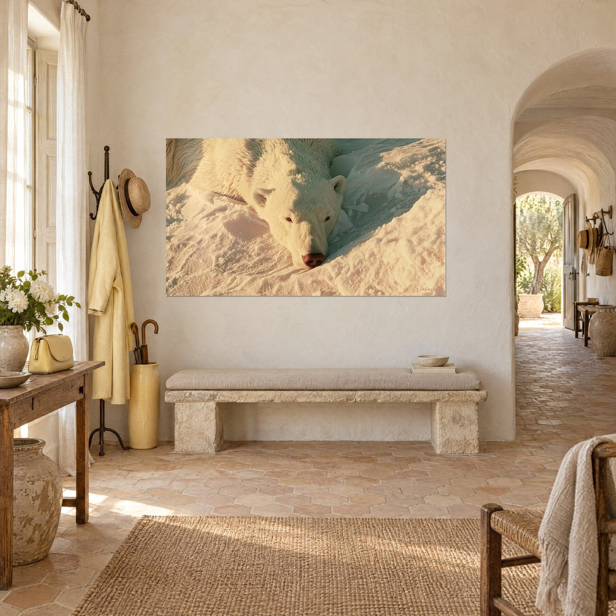 Wall art polar bear with ivory coat, half-closed eyelids on ochre and gold snowdrifts, hung in a stone Provençal farmhouse