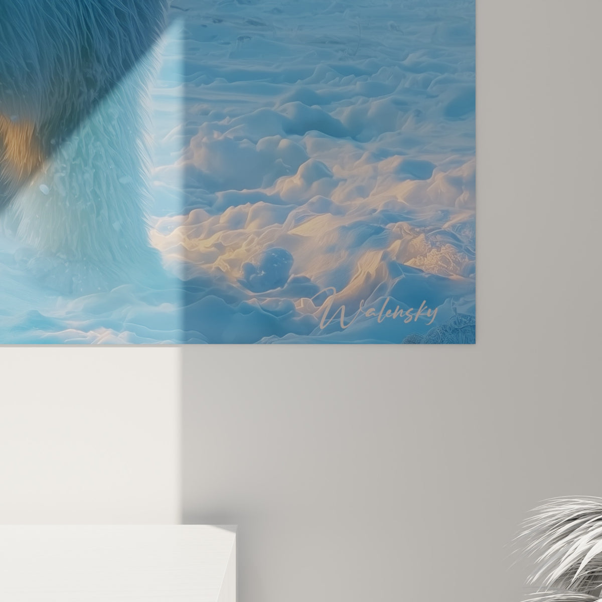 Empâtements et grain visibles sur la fourrure blanche et bleutée de l'ours polaire, lumière dorée en arrière-plan