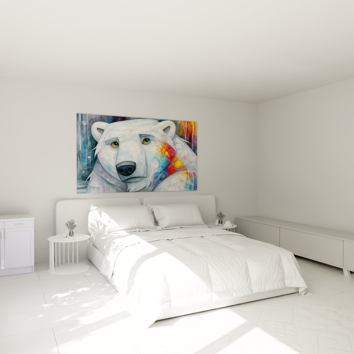 Portrait fragmenté d'ours polaire blanc et orangé accroché au-dessus d'un lit dans une chambre claire