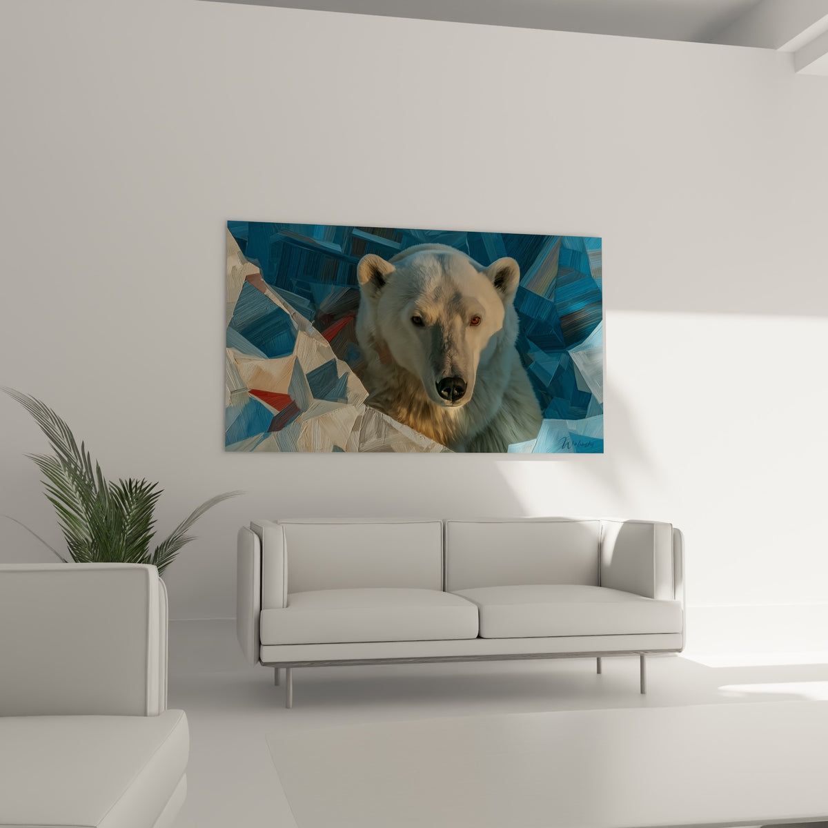 Regard perçant d'ours polaire, fragments blanc cassé et bleu ardoise, au-dessus d'un canapé dans un salon lumineux