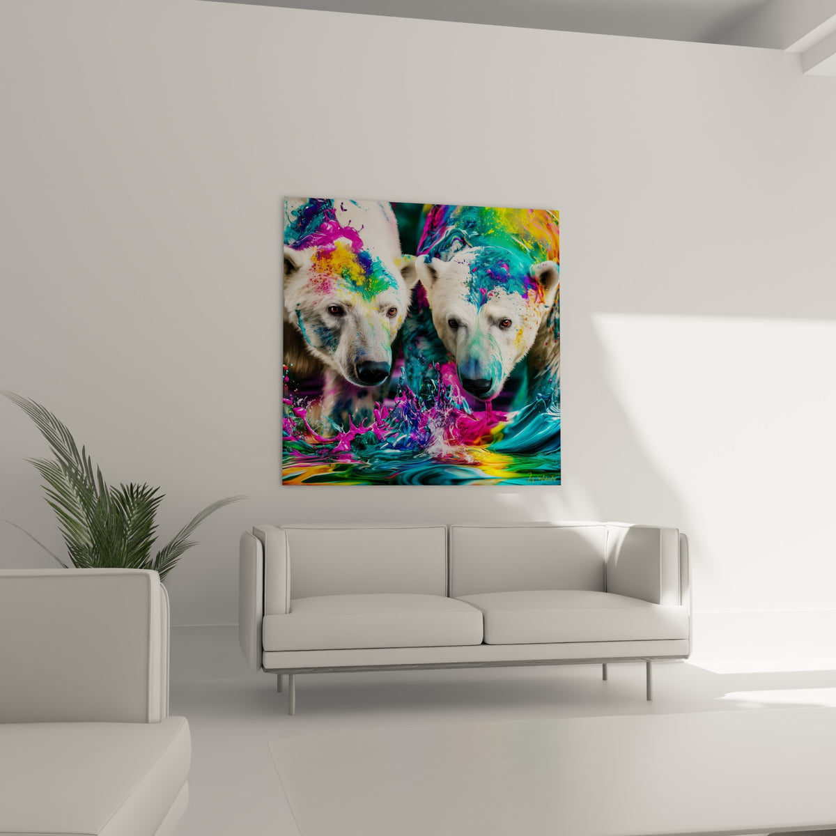 Regards ambrés d'ours polaires recouverts de peinture fuchsia et bleu vif, au-dessus d'un canapé dans un salon lumineux