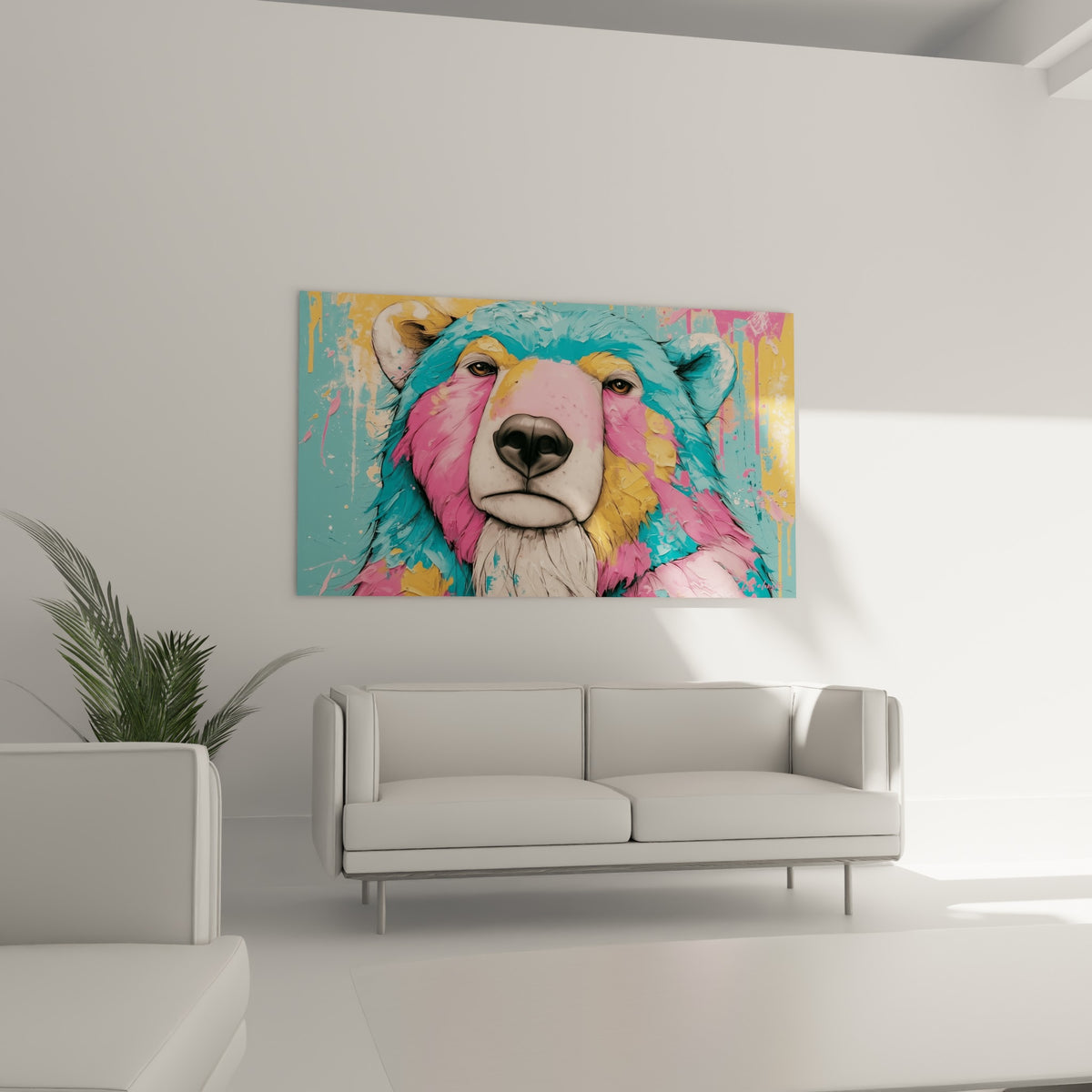 Visage d'ours polaire bleu pastel et rose fuchsia traité en coulures, au-dessus d'un canapé dans un salon lumineux