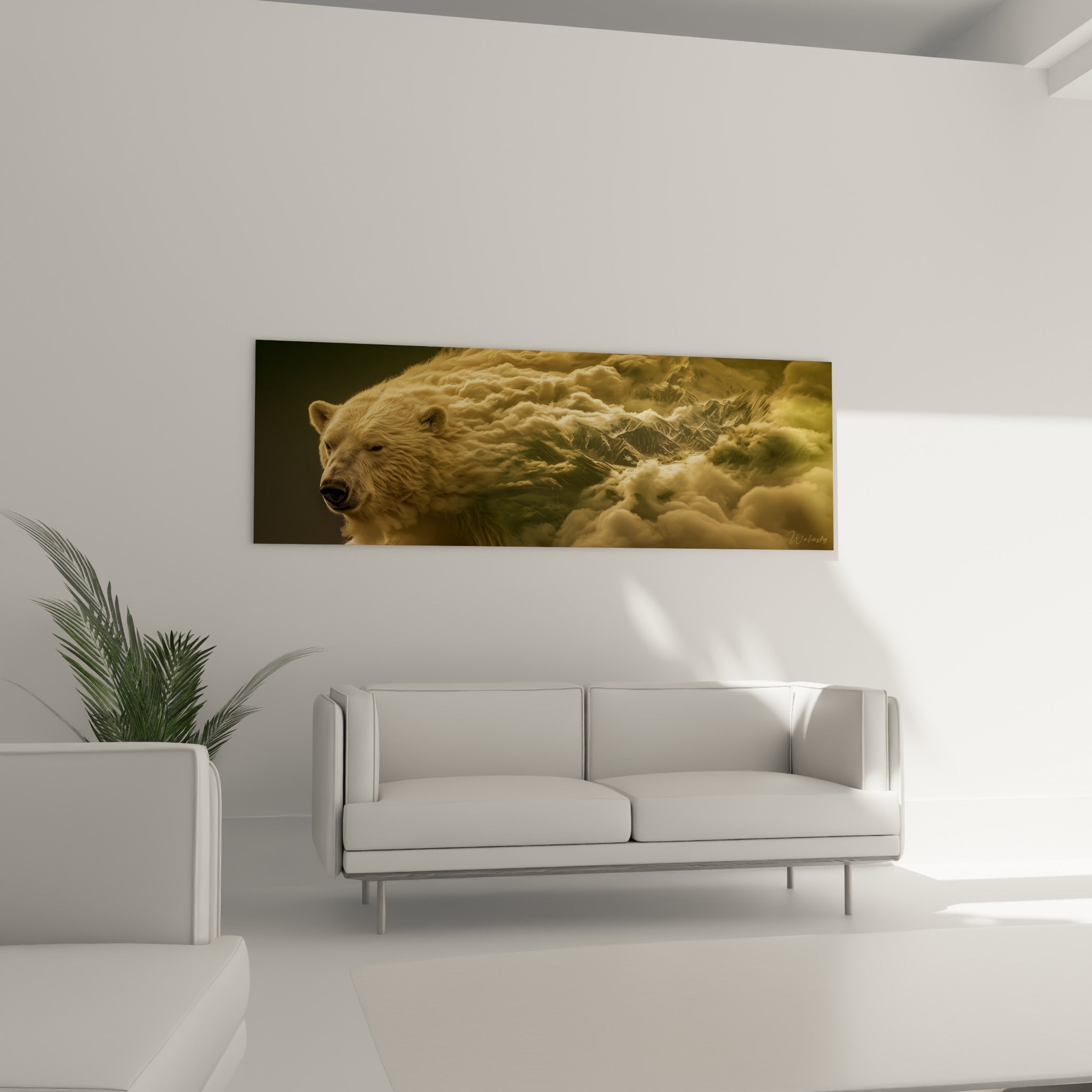 Fusion visuelle entre pelage blanc et sommets ocre d'un ours polaire, au-dessus d'un canapé dans un salon lumineux