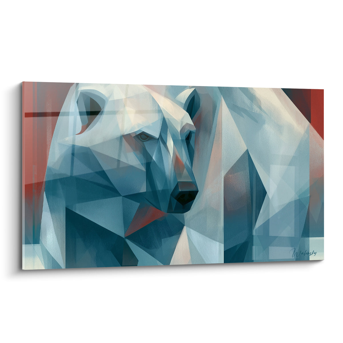 Ours polaire au visage fragmenté en bleu glacier et terracotta, style cubiste sur toile