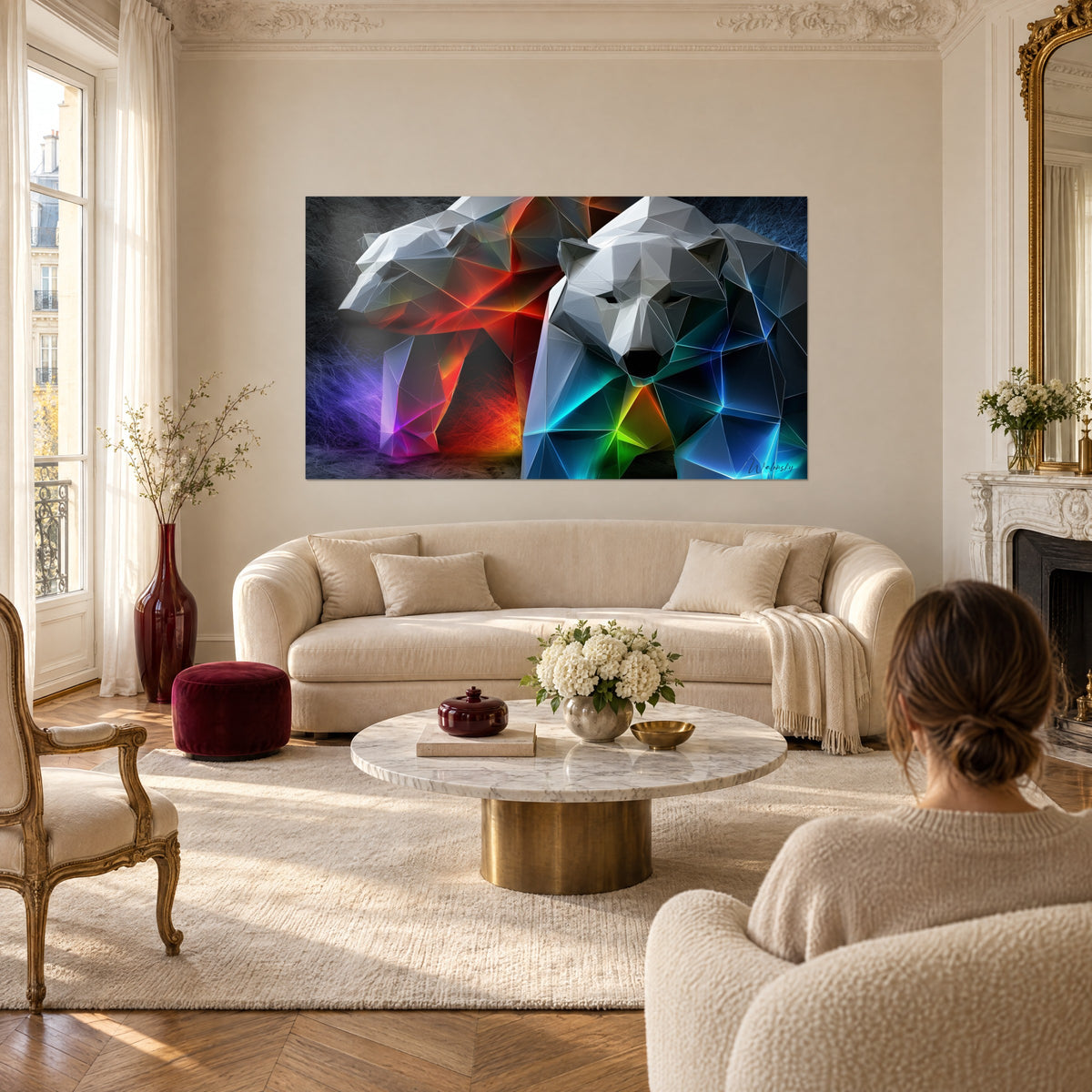 Wall art of two polar bears in facets, flanks in red-orange and turquoise blue, hanging above a sofa in a bright living room