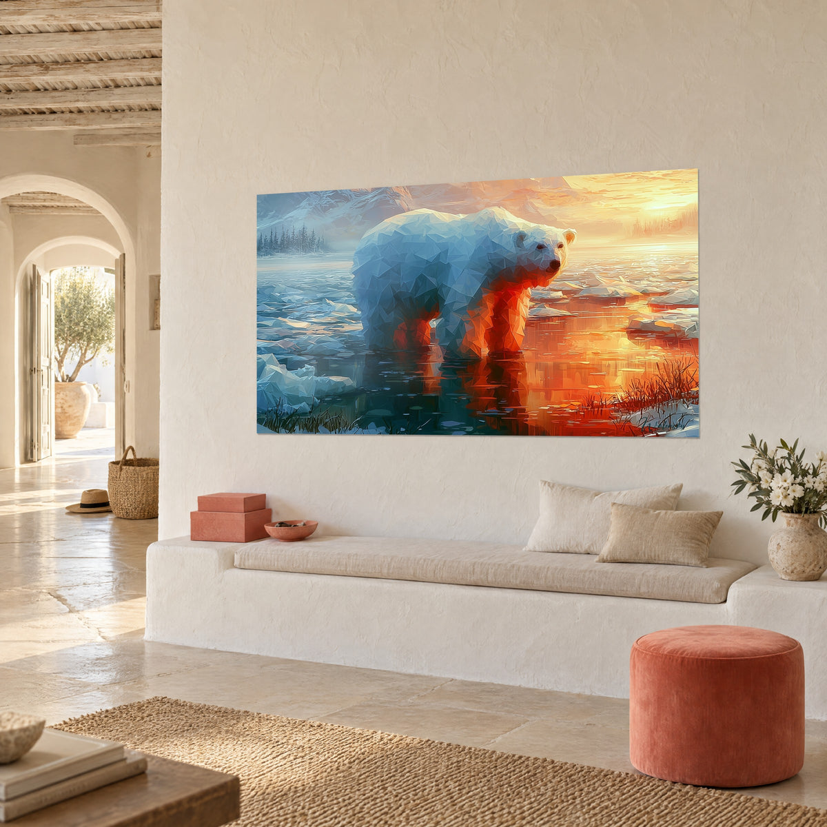 Tableau ours blanc géométrique aux pattes rouge feu plongées dans l'eau, ciel doré, vue de trois-quarts sur banc de pierre blanc
