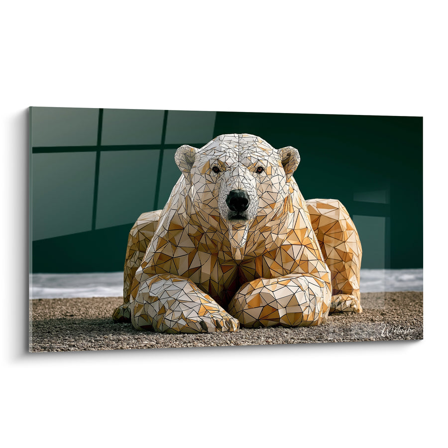Tableau Ours polygonal doré et vert sapin - Sculpture de glace - Edition Ours polaire
