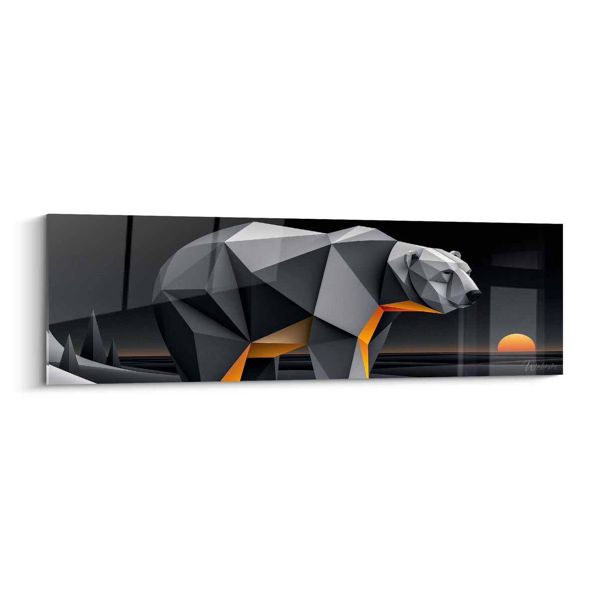 Ours polaire géométrique gris anthracite aux veines orange, marchant devant un soleil couchant