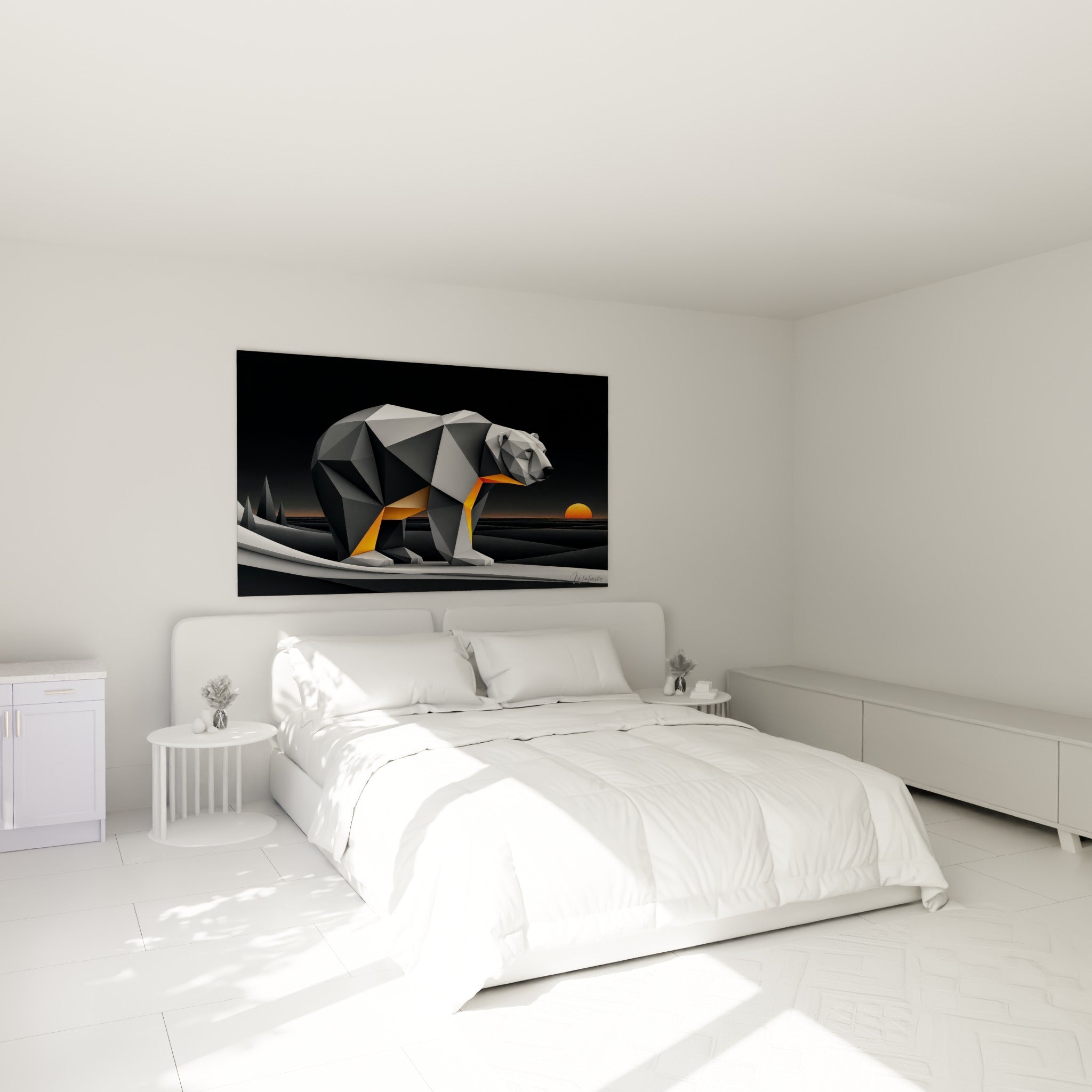 Silhouette d'ours polaire gris et orange géométrique au-dessus d'un lit dans une chambre claire