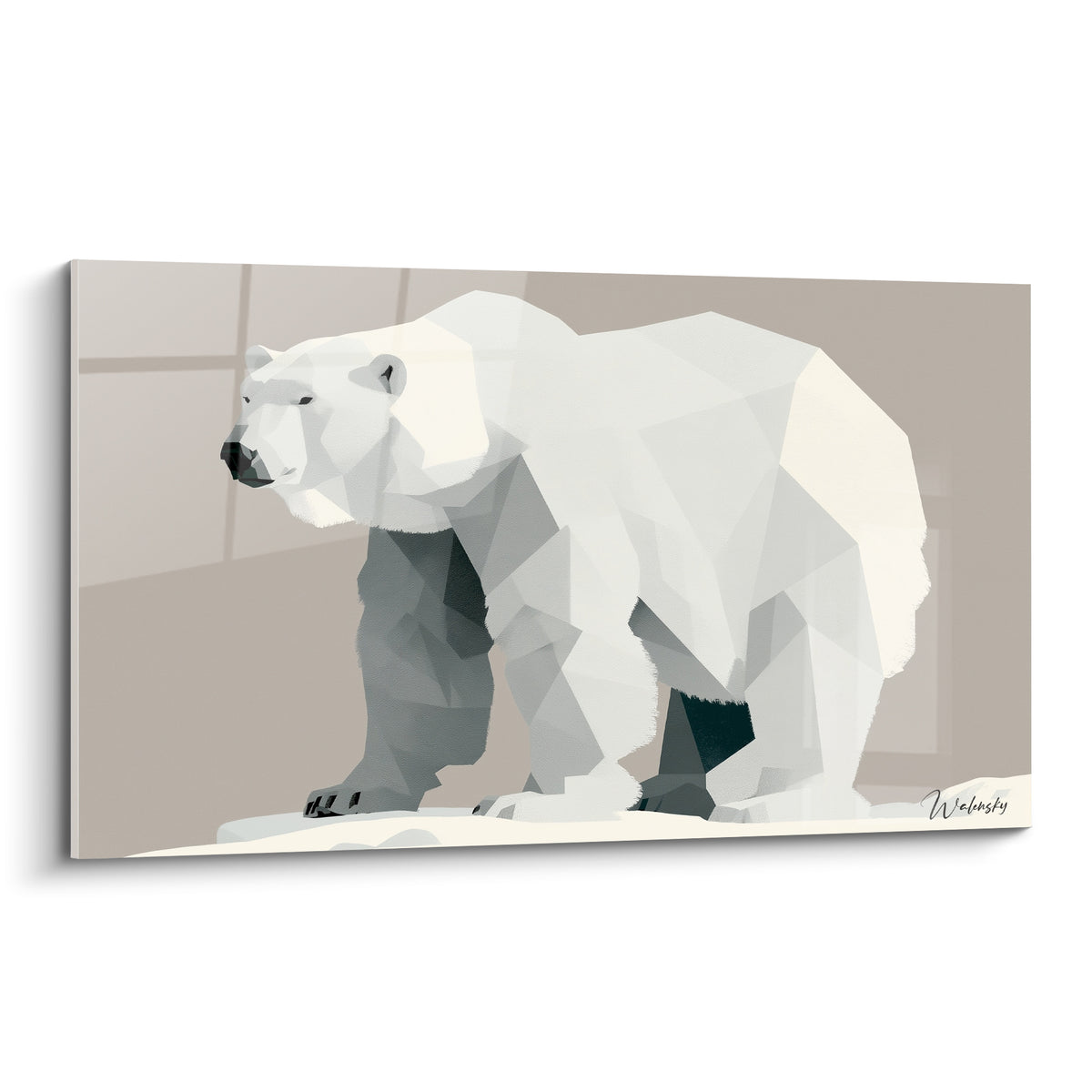 Ours polaire géométrique blanc et taupe avançant sur une banquise stylisée en facettes